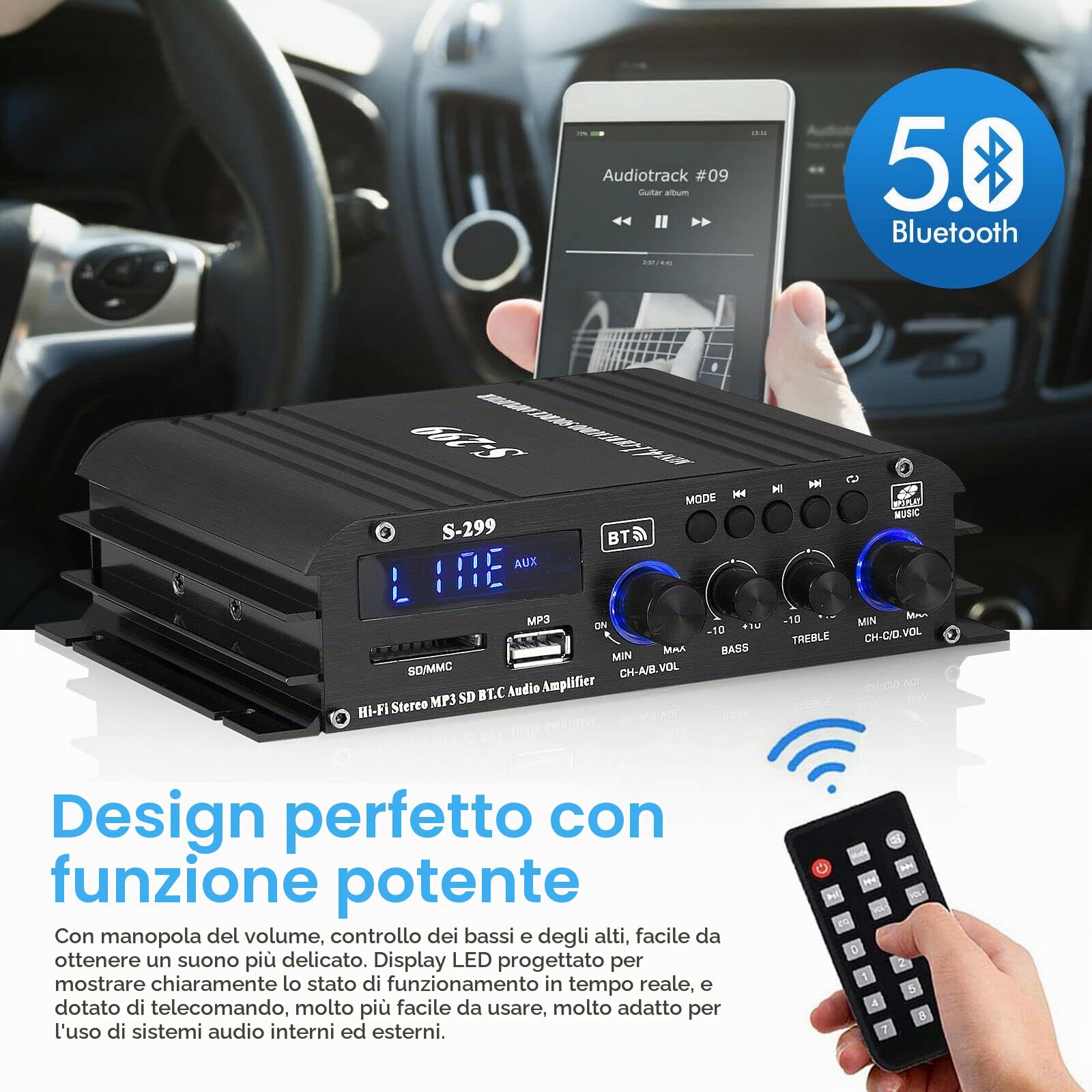 HiFi 4.0 Channel Bluetooth Digital Power Amplifier for Home/Car Bass Audio Amp