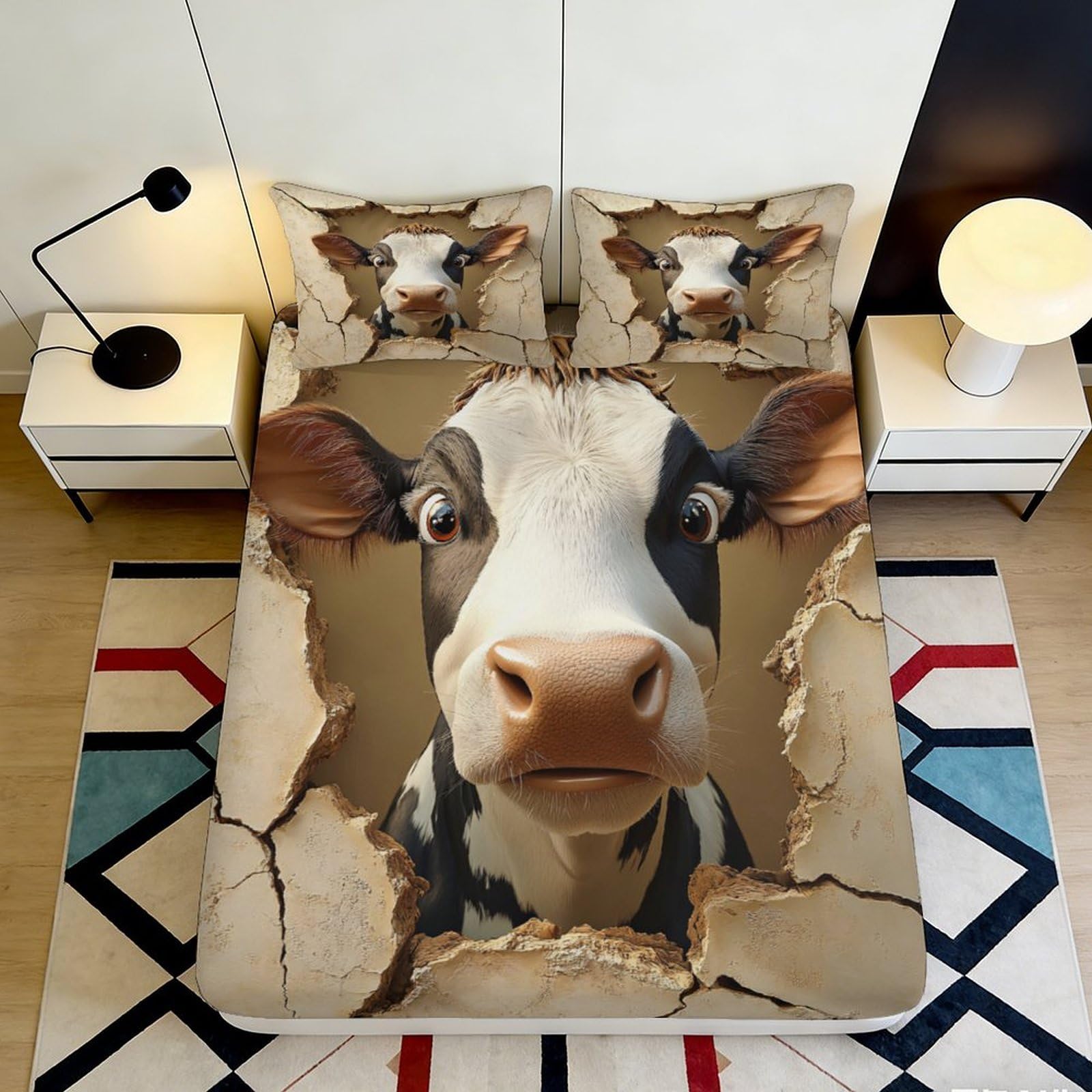 3D Printed Lifelike Cow Fitted Sheet Microfiber Soft Breathable 3D Animal Farm Wall Bed Cover for Bedroom Guest Room Decor 90x200x25cm
