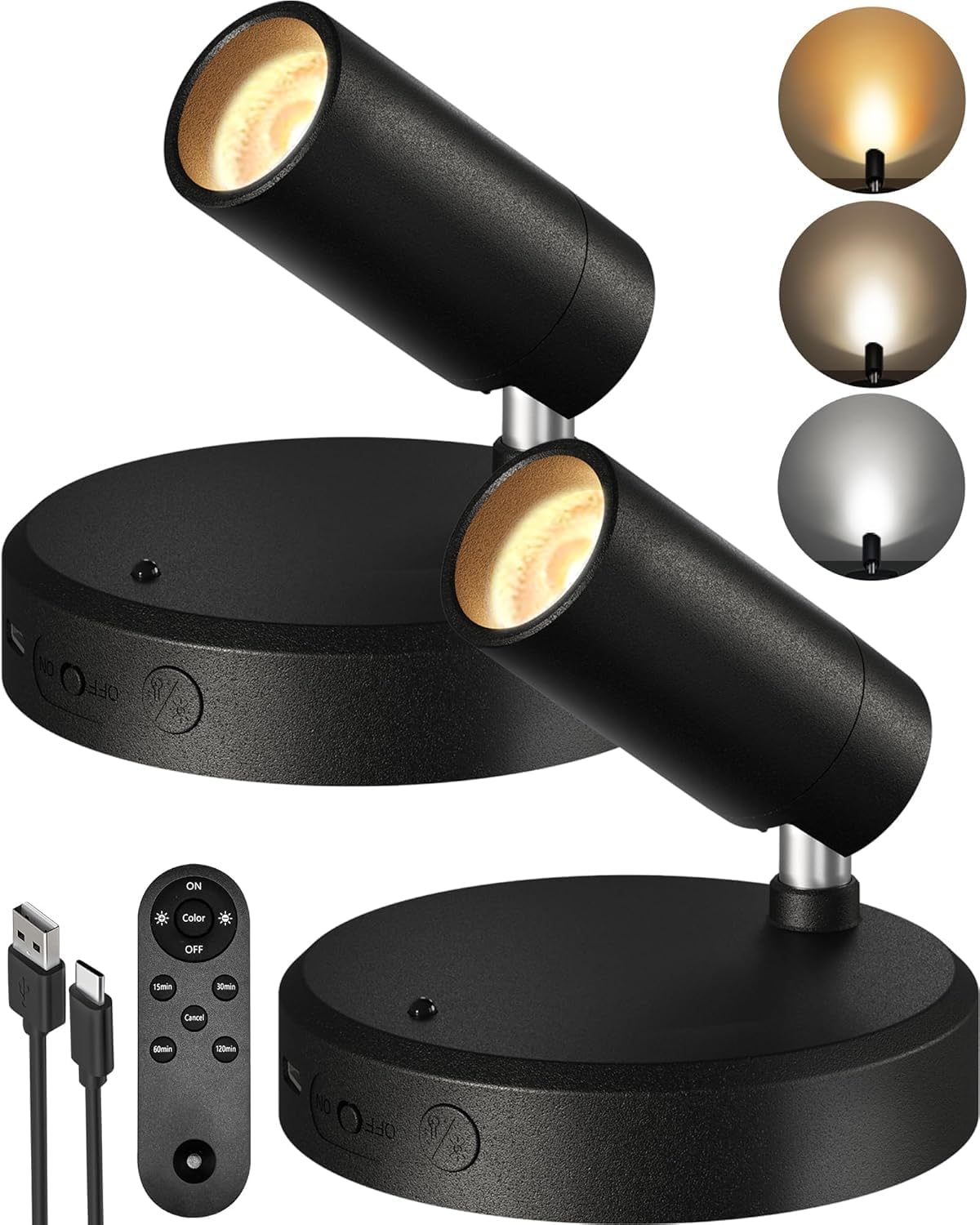 - Spotlights Indoor with Remote, 5500mAh Rechargeable Picture Lights, Wireless Uplights with Timer & Dimmable, 3-CCT, Display Lights for Plant, Painting, Artwork, Accent Lighting (2-Pack Black)