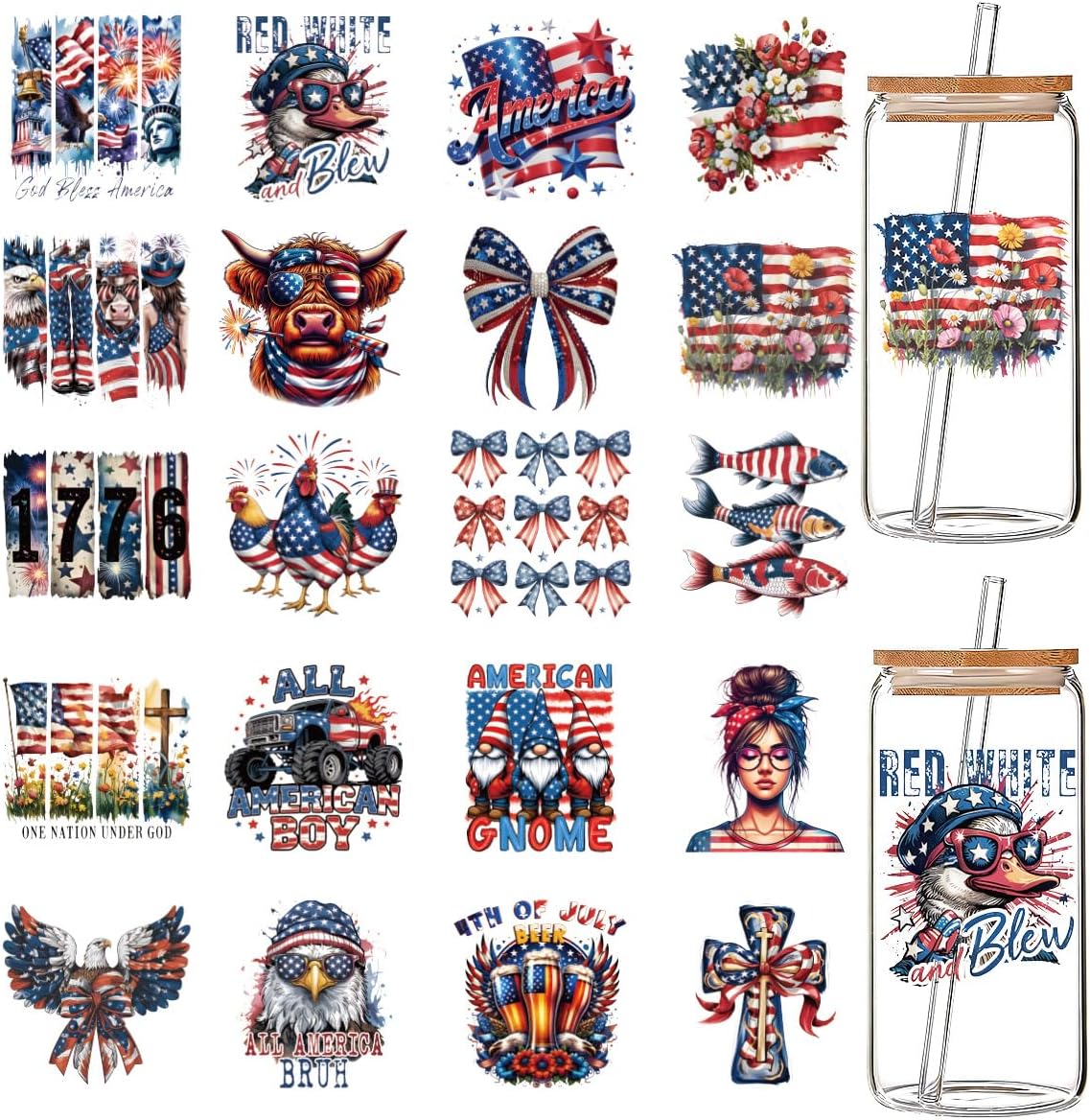20 Pcs 4th of July UV DTF Cup Wrap, Independence Day Cold Transfers Stickers for Glass Cup, USA 250th Anniversary Waterproof Uvdtf Decals for Coffee Mug Tumbler