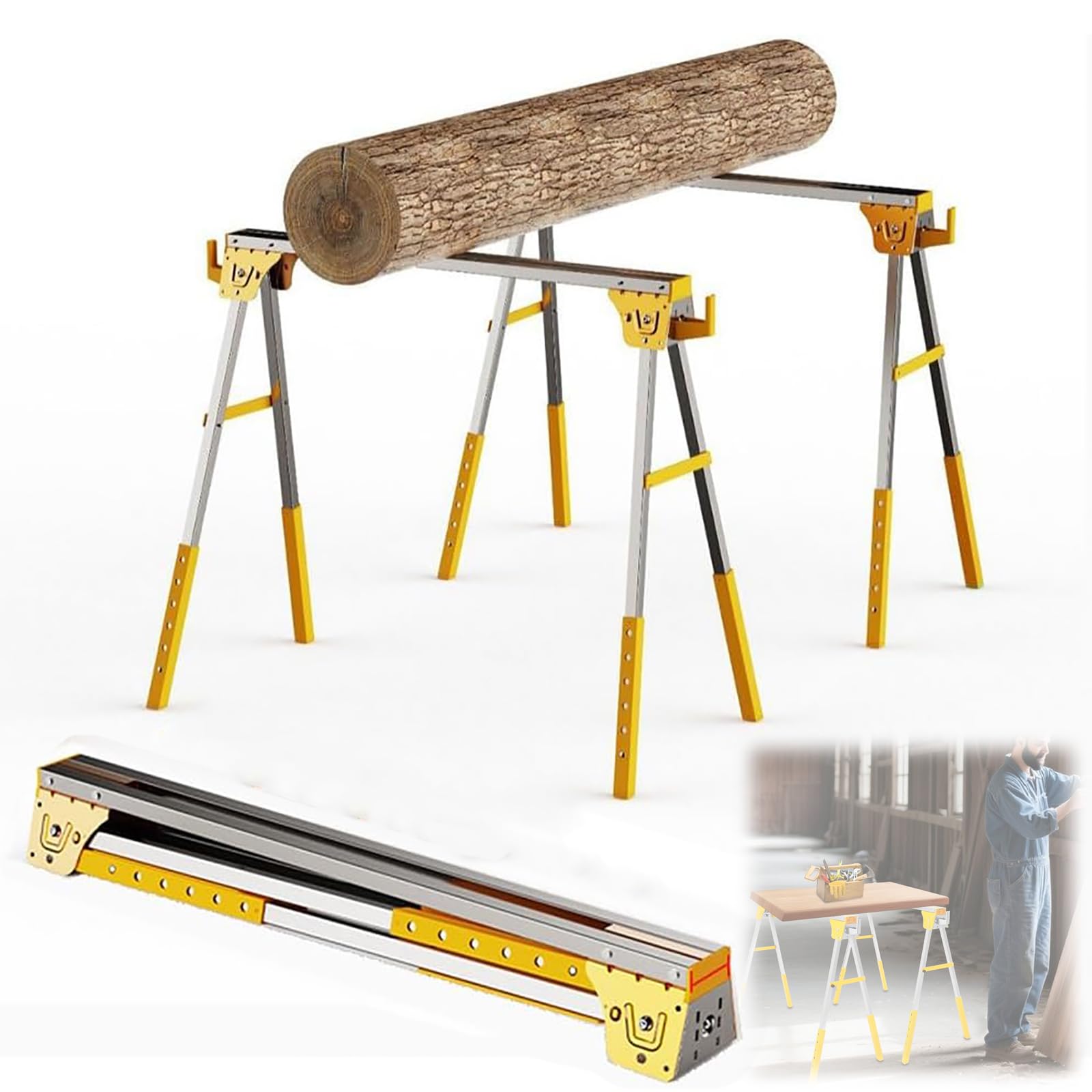 Chevalet de sciage pliable, capacité de 1200 kg, facile à utiliser avec crochets de rangement pour le travail du bois et la coupe de bûches