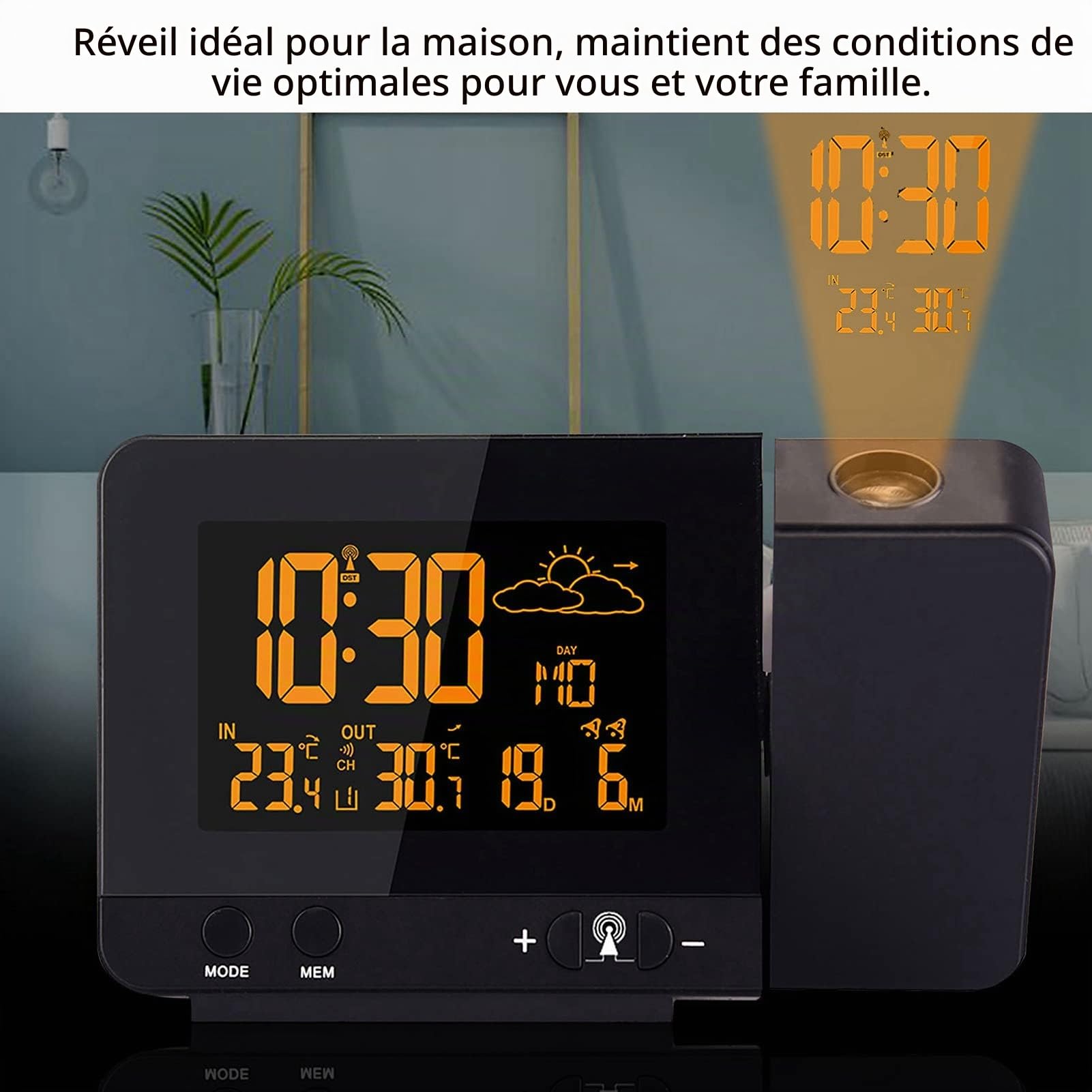 AUNMAS Réveil à Projection Numérique Radio Reveil Projection Plafond avec Station Météo Thermomètre Fil Hygromètre de Jauge de Contrôle D'humidité de la Température avec Calendrier pour Chambres 230V