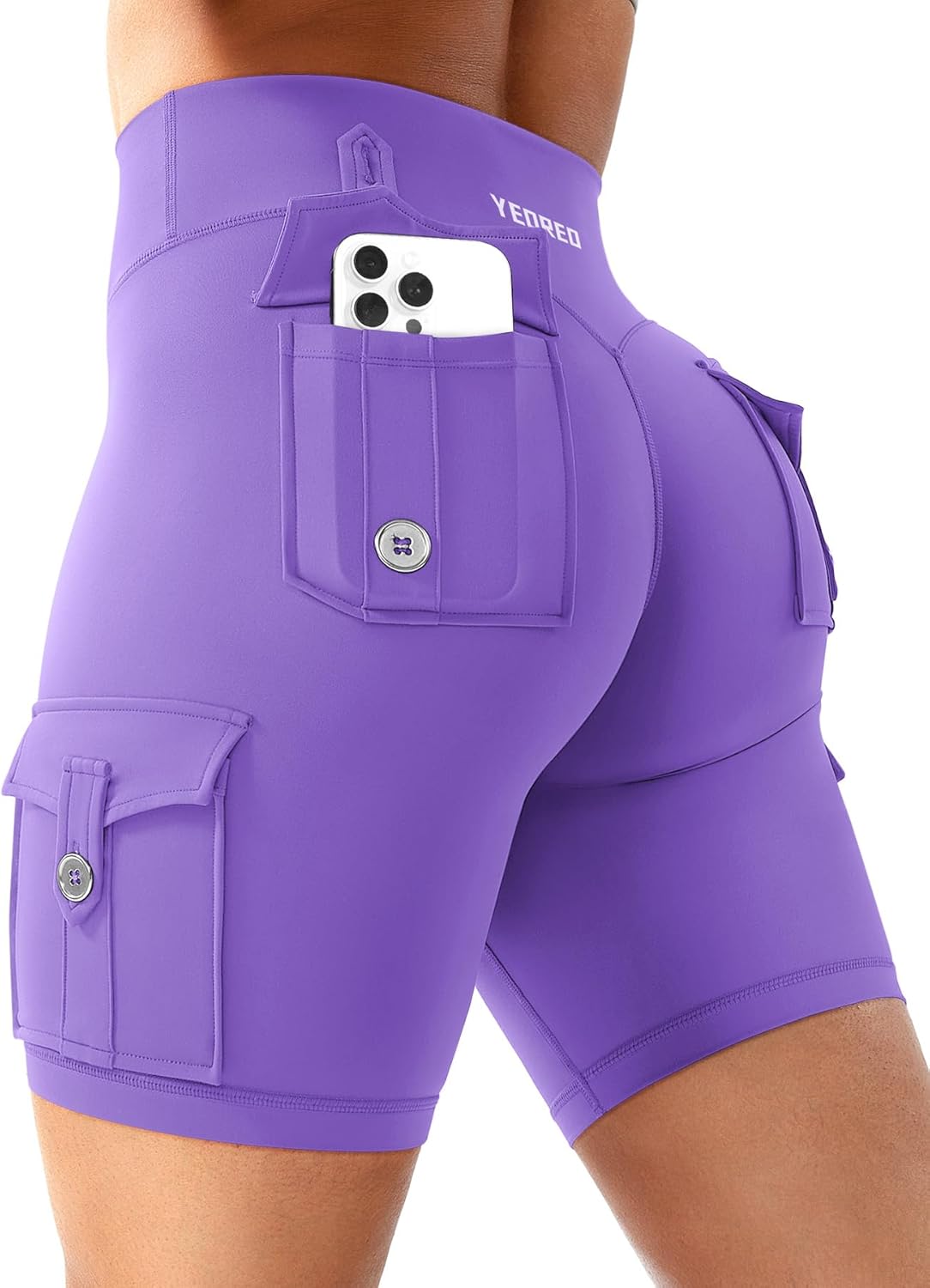 YEOREO CoreFlex Women Workout Biker Shorts with Cargo Pockets Hidden Scrunch High Waisted 8" Inseam Gym Shorts