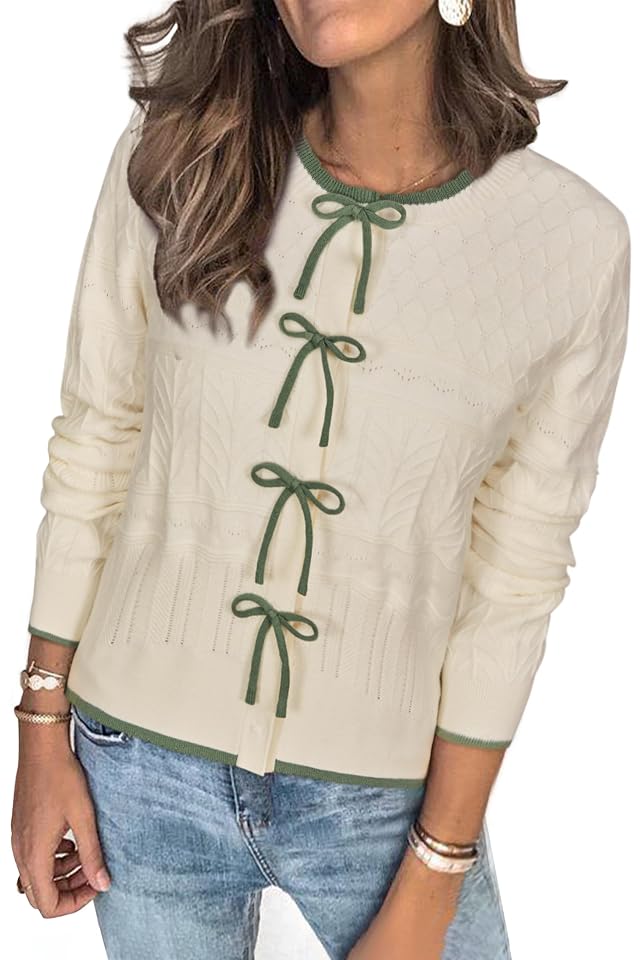 Arach Cloz Womens Bow Sweaters Fall Color Block Casual Cardigan Sweaters 2025
