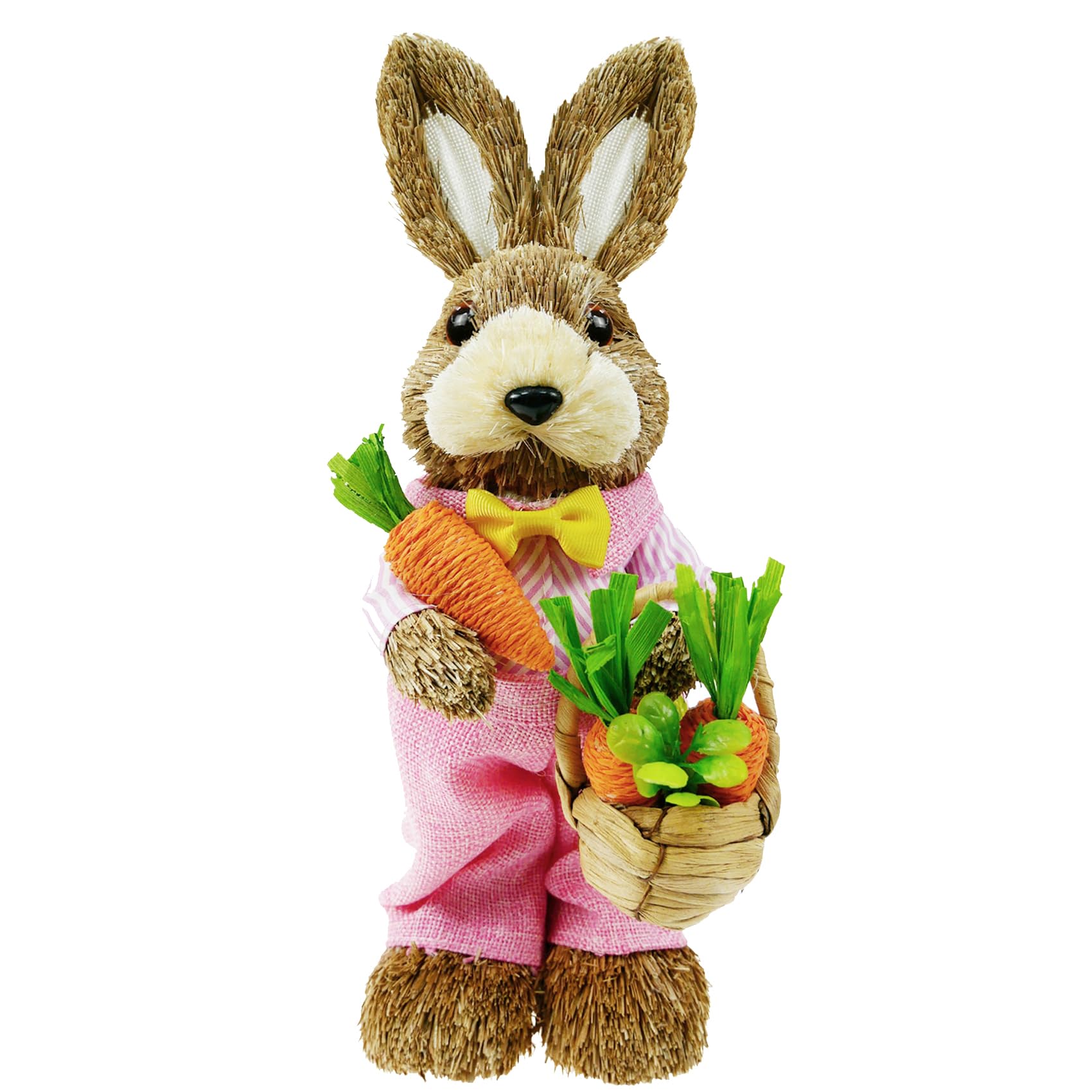 DearSun14" H Easter Straw Bunny Figurine Tabletop Decor, Pink Sisal Rabbit Holding Carrots, Spring Party Garden Table Decor Centerpiece for Home Office Kitchen Farmhouse;