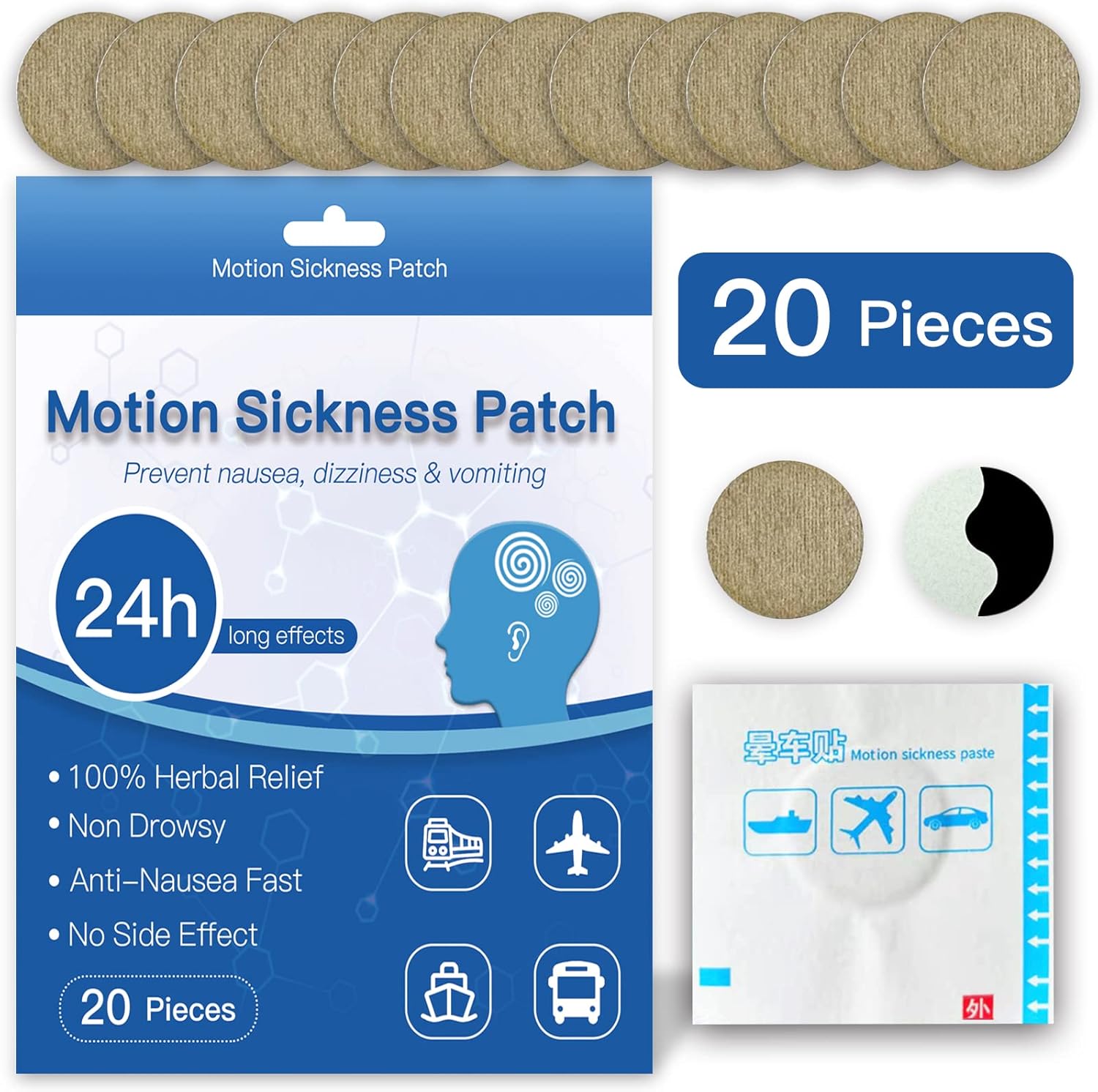 BXQJRJ Motion Sickness Patches, Nausea Patches for Behind