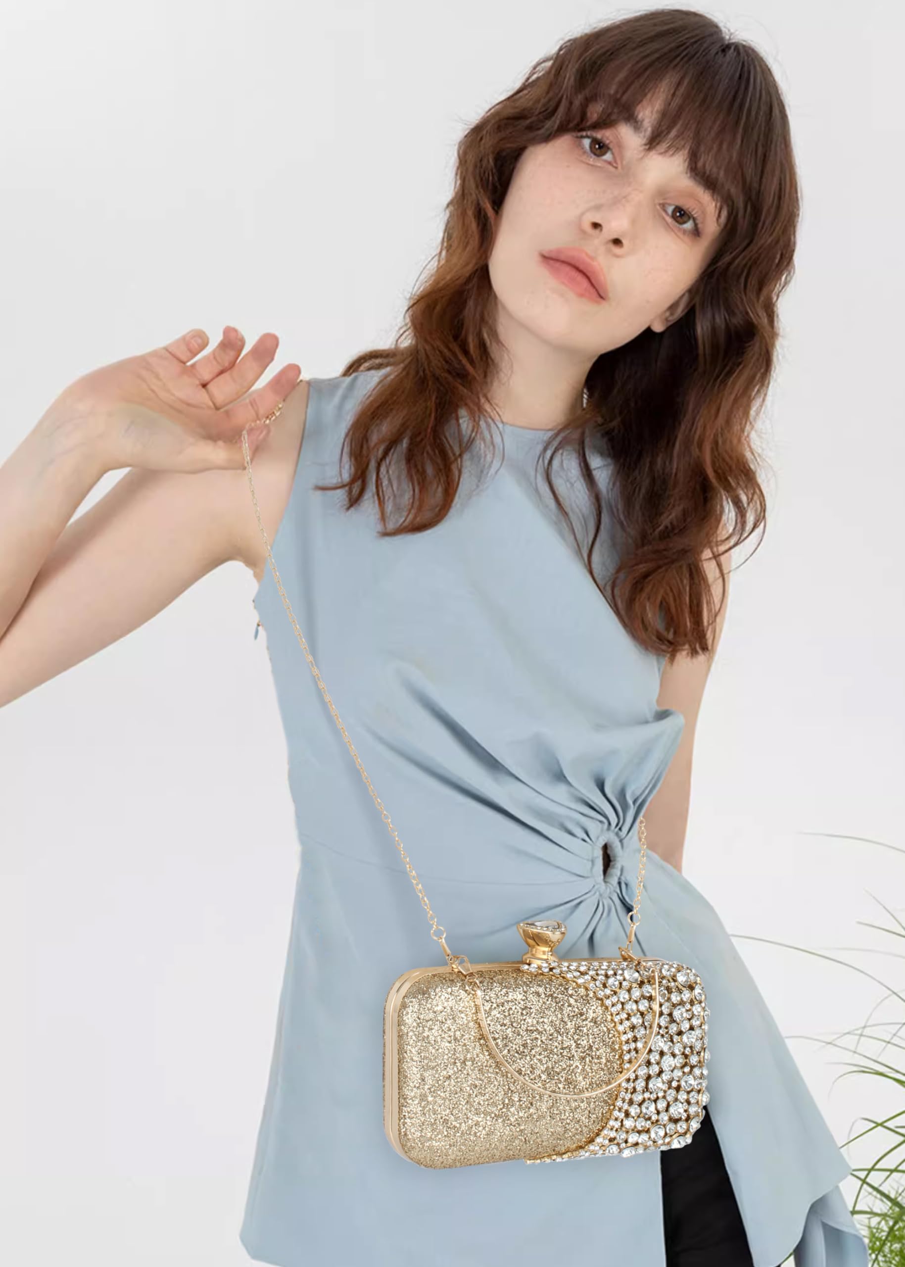 Reberomantic Bolso de mano de metal con patrón de celosía para mujer, cadena geométrica