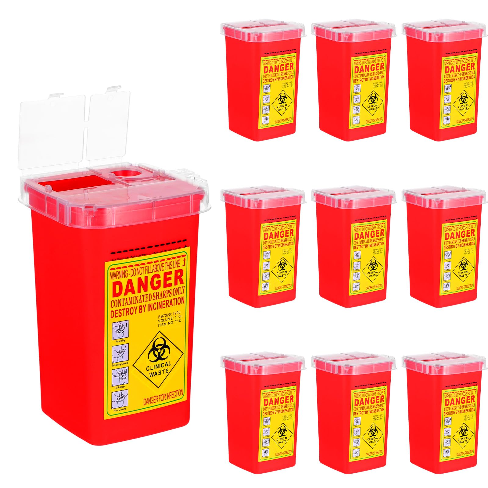 10 Pack Sharps Containers for Home Use - 1 Quart Needle Disposal Containers Home & Travel, Red Sharp Container with Locking Lid for Safe Syringe Storage (6" x 4" x 4")