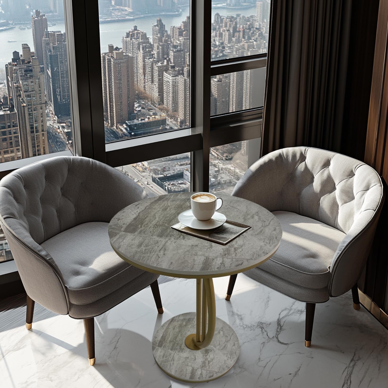 FEFE-Modern Small Table -45D x 45W x 45.5H with Elegant Top of Sintered Stone and Crescent Moon Shaped Metal Stand-Perfect as a Side Table for Living Room or Office or Bedroom (Grey/Gold)
