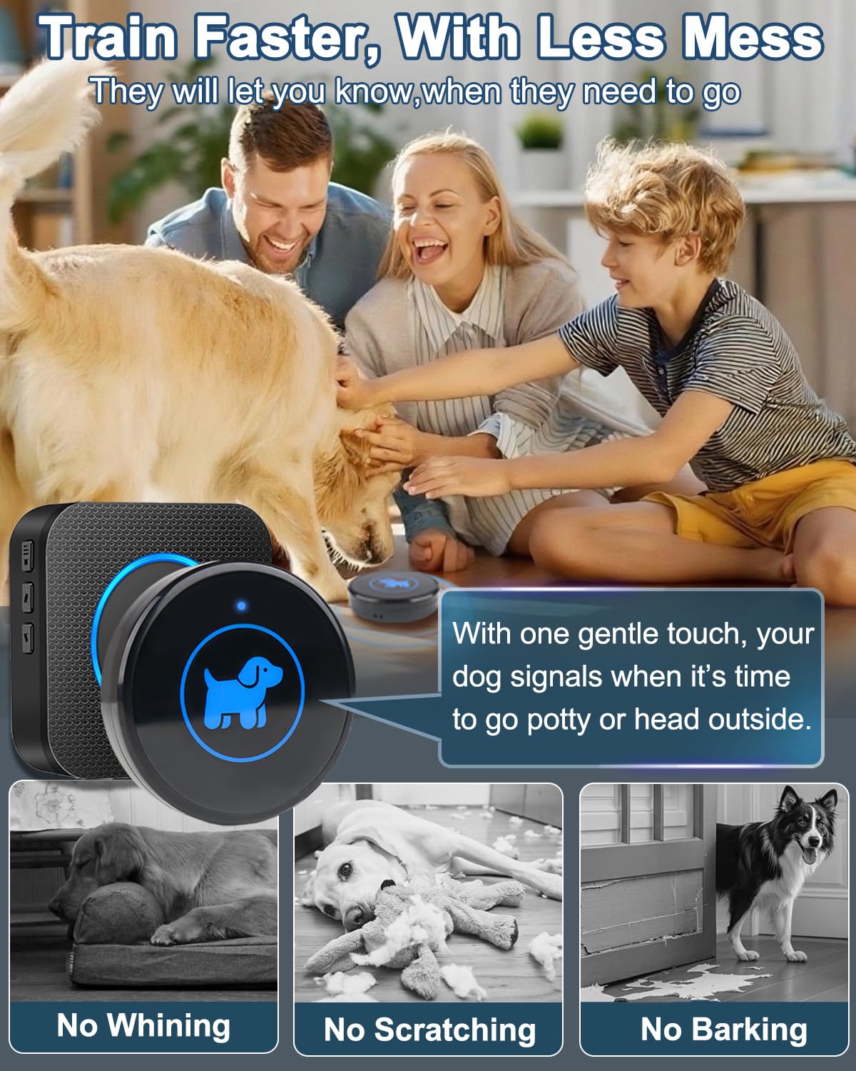 Timbres inalámbricos para perros para entrenamiento de orinal, campanas de perro para salir, rango de 1000 pies, botón impermeable, 55 melodías y 5 modos de notificación (3 botones)