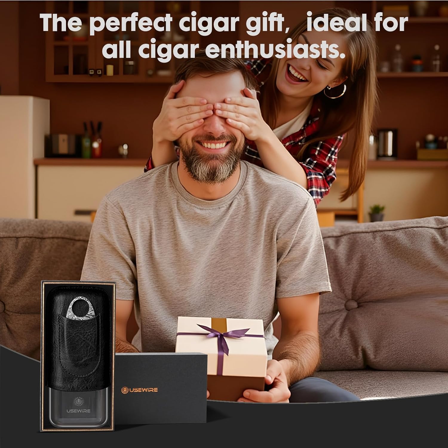 Cigar Case, Acrylic Cigar Boxes, Travel Humidors Can Hold 3 Cigars, Cigar Accessories Including Stainless Steel Cigar Cutters, Cigar Accessory Gifts for Men (Black)