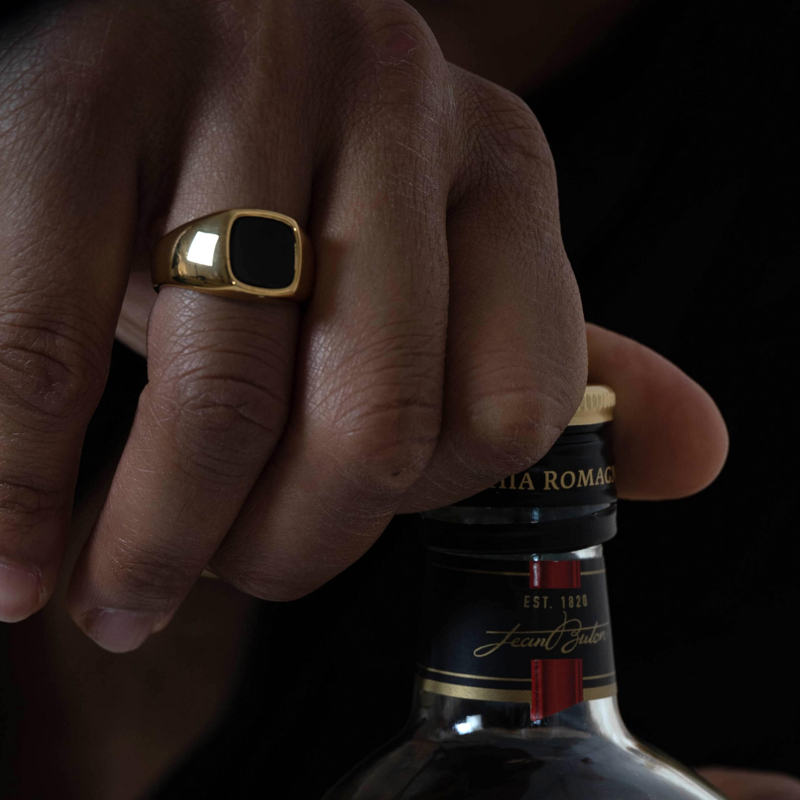 DJADEE Esther Onyx Ring in Gold beschichteter Edelstahl, 18 Karat vergoldet, wasserfest, nickel- und allergiefrei, langlebig mit Onyx Stein schwarz Geschenk für Männer Premiumqualität