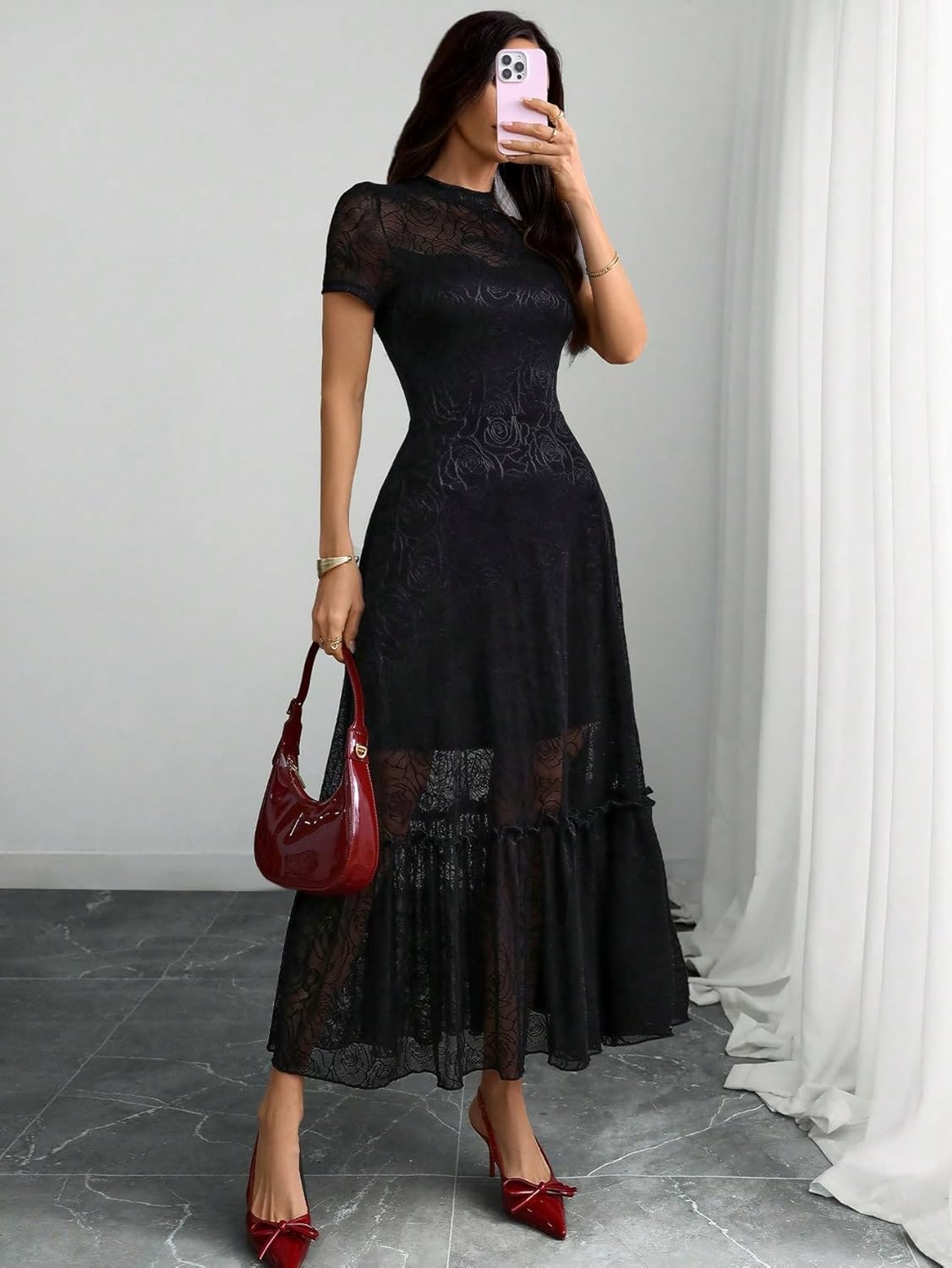 GothDark Womens Elegant Vintage Floral Lace Dress Short Sleeve Double Layer Gothic Midi Wedding Guest Cocktail Dresses - Image 7