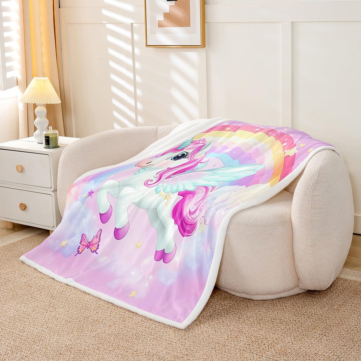 Loussiesd Einhorn Decke 150x200cm Süße Tiere Muster Kuscheldecke Kinder Mädchen Regenbogen und Sterne Drucken Wohndecke Mikrofaser Flanell Fleecedecke