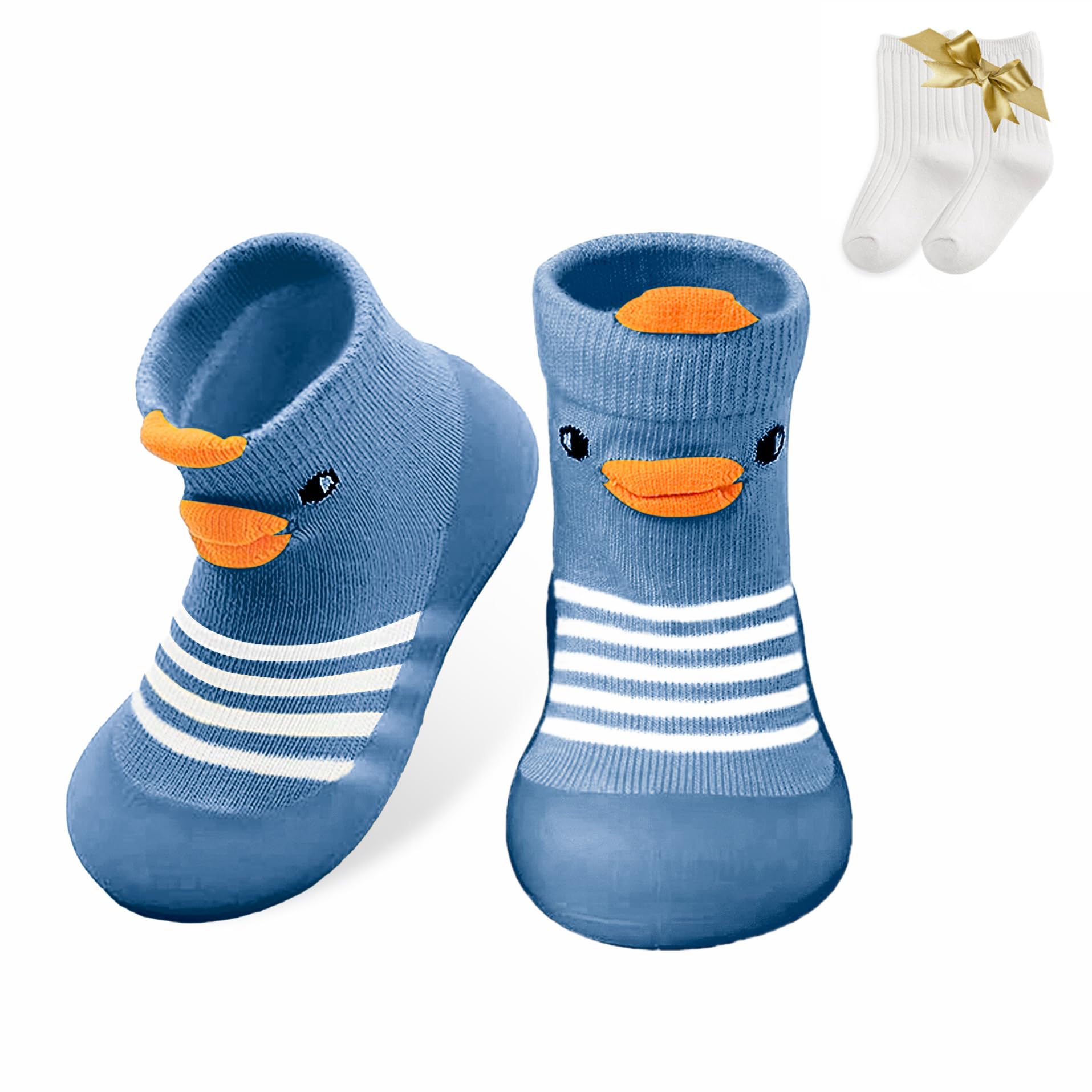 ZURLEFY Blue Duck Shoes for Baby Boy, Infant First Walking Shoes, Rubber Non Slip Floor Baby Shoe Socks for Unisex Newborn Infants Toddlers Boys Girls(37-06L)