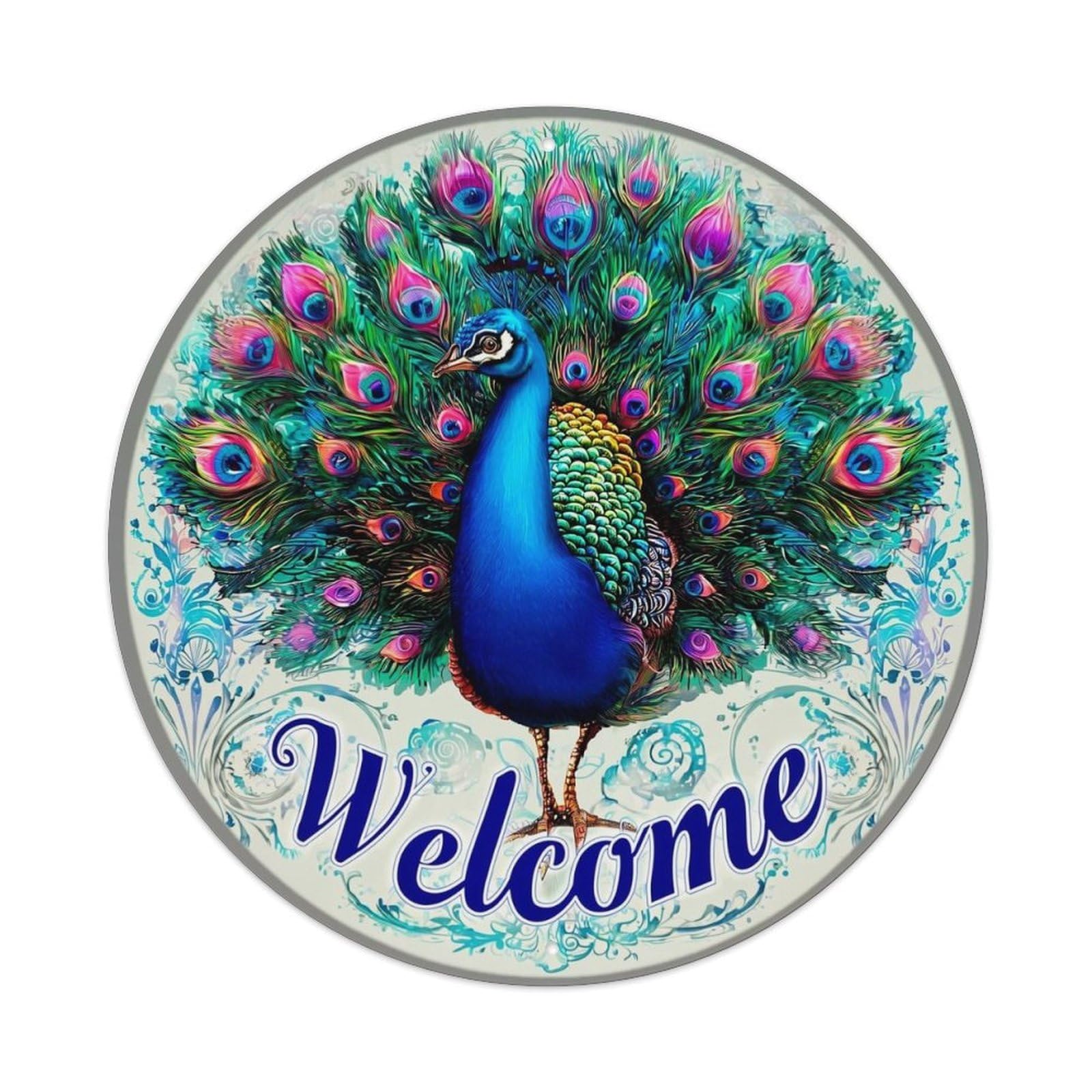 Vibrant Peacock Welcome Door Mat Retro Metal Tin Sign, Vintage Metal Poster for home, Gaming Room, Studio Workshop,Bar,Garage Wall Art Decor 8x8 inch