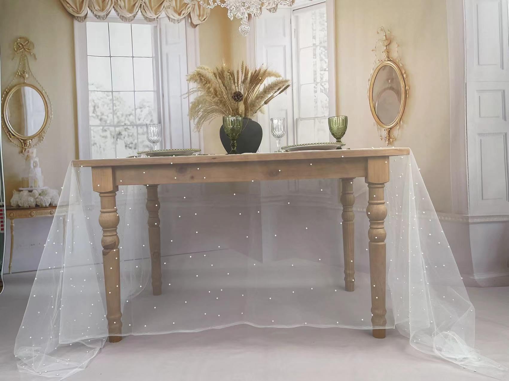 4 pezzi 3 m 152 x 305 cm bianco perla tovaglia elegante poliestere runner da tavola con accenti di perle artificiali extra lungo tulle runner da tavola per matrimoni