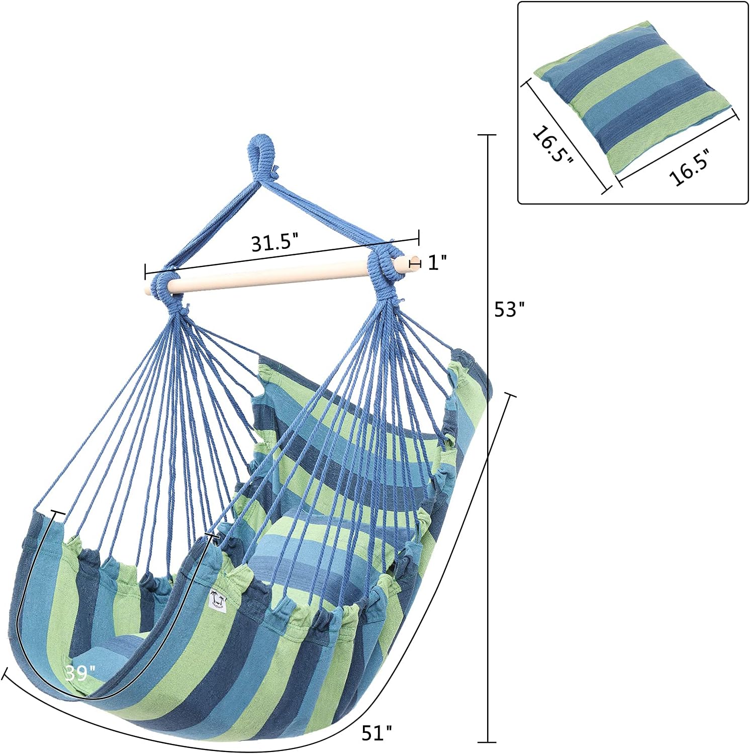 ONCLOUD Hanging Rope Hammock Chair Swing Seat for Yard, Bedroom, Patio, Porch, Indoor/Outdoor - 2 Seat Cushions Included (Blue)