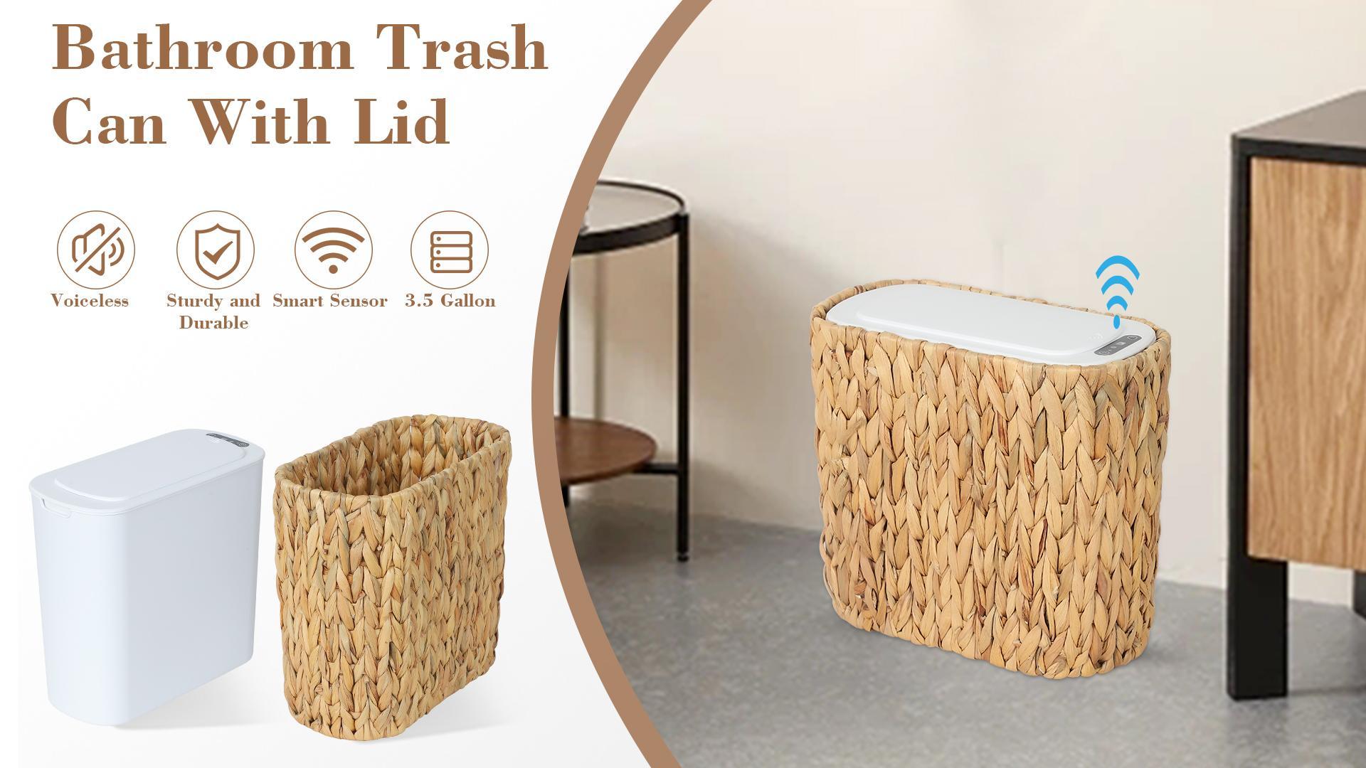 Image of Trongee Boho Kitchen Trash Can with Lid,3.5 Gallon Automatic Small Rattan Trash Can,Slim Wicker Motion Sensor Garbage Can and Hamper 2 in 1 for Bathroom,Narrow Waste Basket for Office, Living Room
