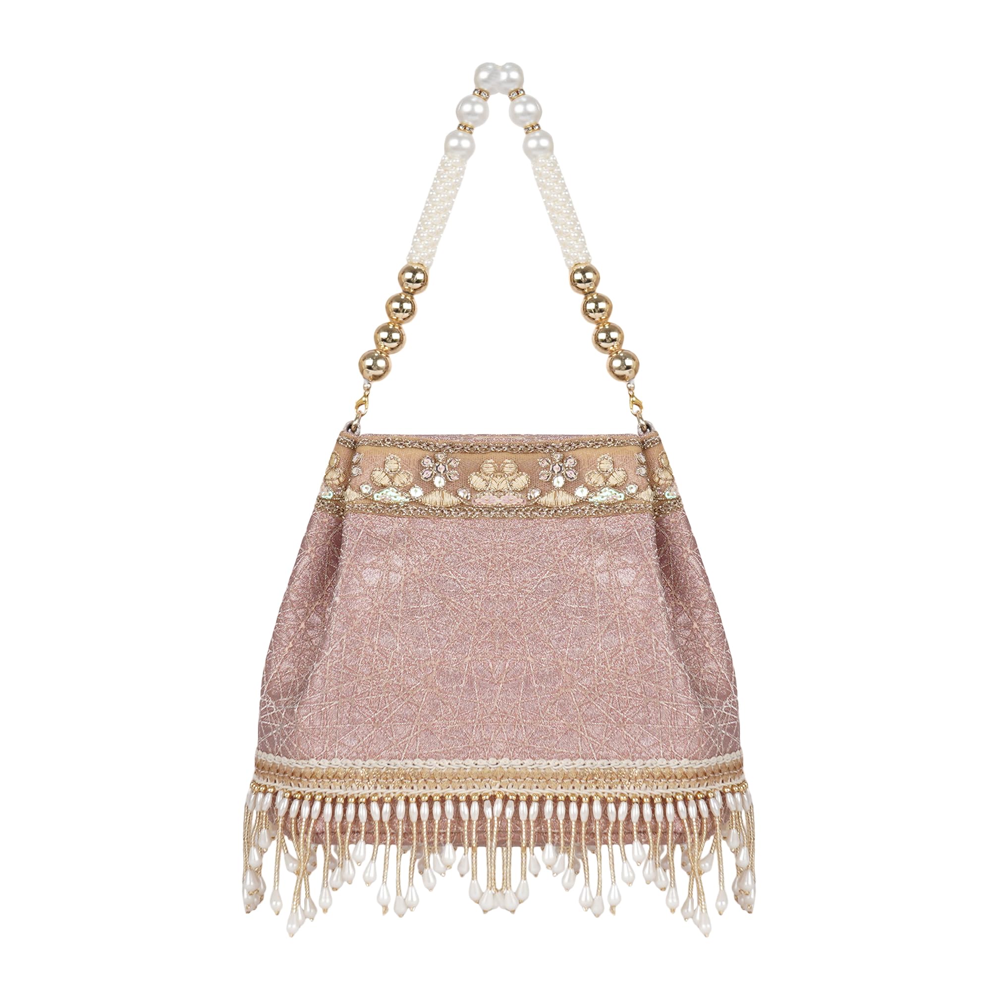 PU Silk Fabric Women’s Embellished Potli Bag with Pearl Handle & Fringe Detailing | Designe Wedding & Festive Handbag-image-36