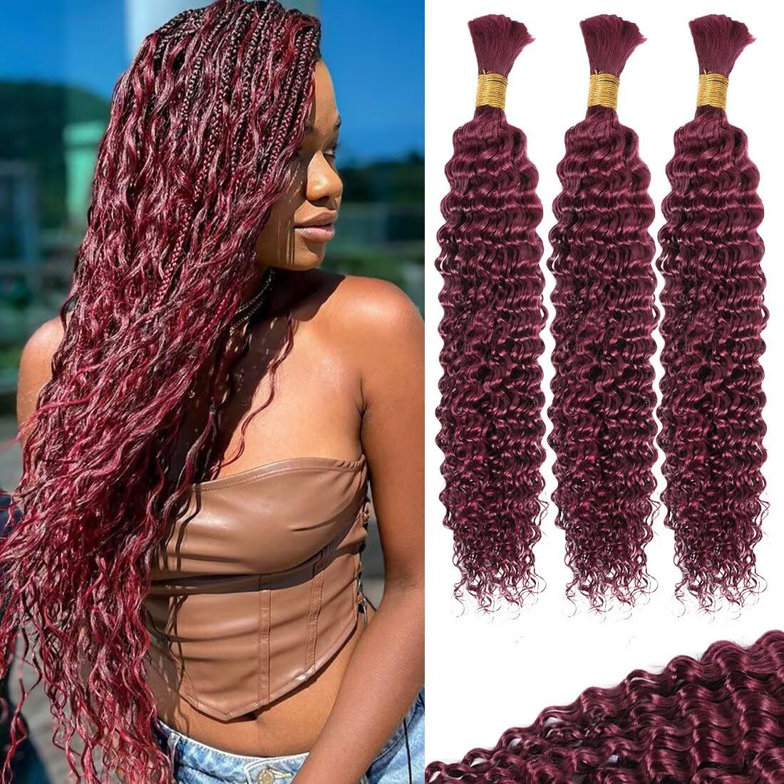 12A 99J Burgundy Red Human Braiding Hair for Boho Braids 3 Bundles 16 Inch 100g Deep Wave Braiding Hair for Bohemian Knotless Braids 100% Unprocessed Brazilian Virgin Bulk Hair Extensions No Weft