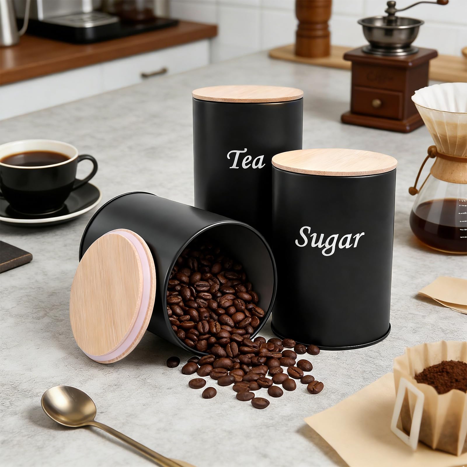 3 Stück Kaffeedose Luftdicht 500 ml Kaffeebohnen Behälter mit Holzdeckel, Kaffeedose Schwarz Matt Kaffee Aufbewahrungsdose, Kaffeedosen Tupperware Kaffeebehälter für Gemahlenen Aufbewahrung