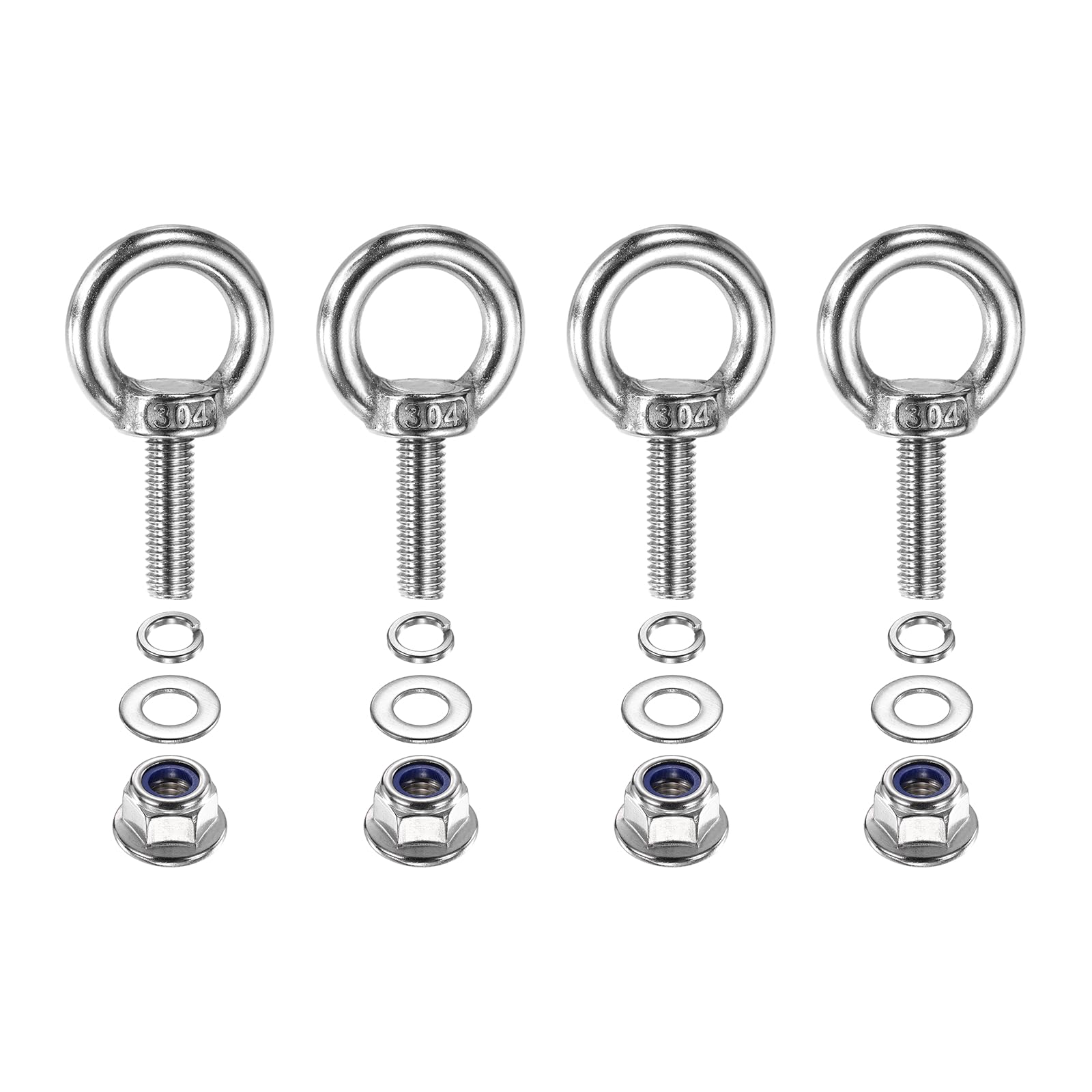 PATIKIL M8 x 25mm Shoulder Eye Bolt, 4 Pcs 304 Stainless Steel Lifting Ring Threaded Eye Bolt with Flange Lock Nuts Spring and Flat Washers for Hanging Tie Down Straps Outdoor Indoor