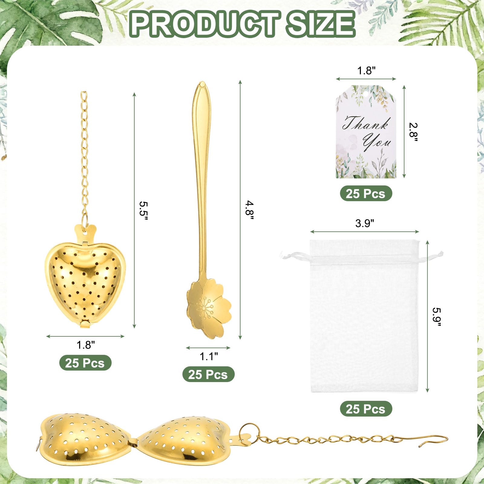 sourcing map Lot de 25 boules à infuseur en forme de cœur pour fête prénuptiale avec cuillère en forme de cœur et sac en maille pour carte de remerciement, cadeau souvenir de mariage, accessoires de