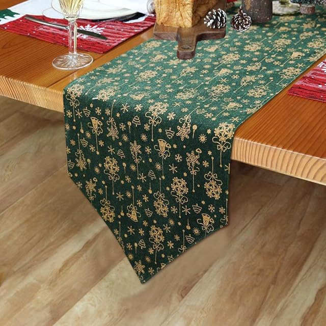 CORSEHILD Christmas Table Runner,30x180cm Table Runner Cover with Green and Gold Color,Xmas Table Runners Snowflake Table Runner for Table Christmas Dining Tables Decor Decorations