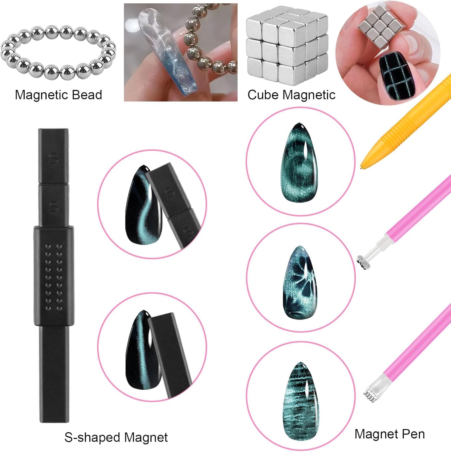 TOROKOM 54PCS Magnétique Cat Eye, 3-en-1 Aimants pour Œil-de-Chat pour Vernis Magnétique, Baguettes Magnétiques Puissantes pour Effets œil-de-chat, accessoires de nail art DIY