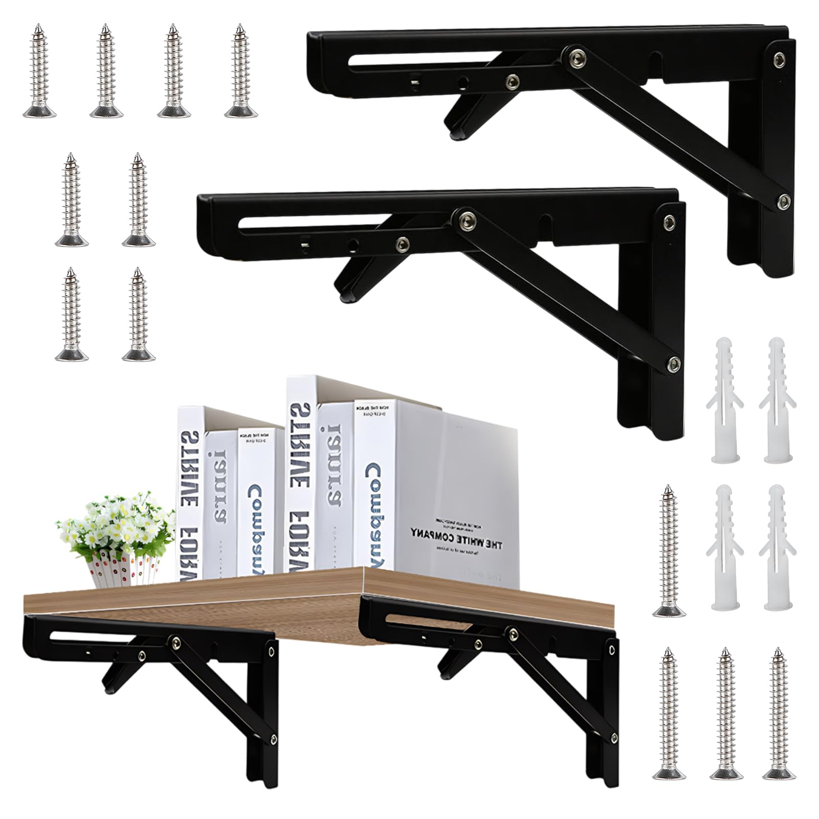 Folding Shelf Brackets - 8 Inch 2 Pcs Heavy Duty Collapsible Shelves Brackets for Bench Table, Wall Mounted Folding Table Hinge Space Saving DIY Bracket with Screws(Color:Black)