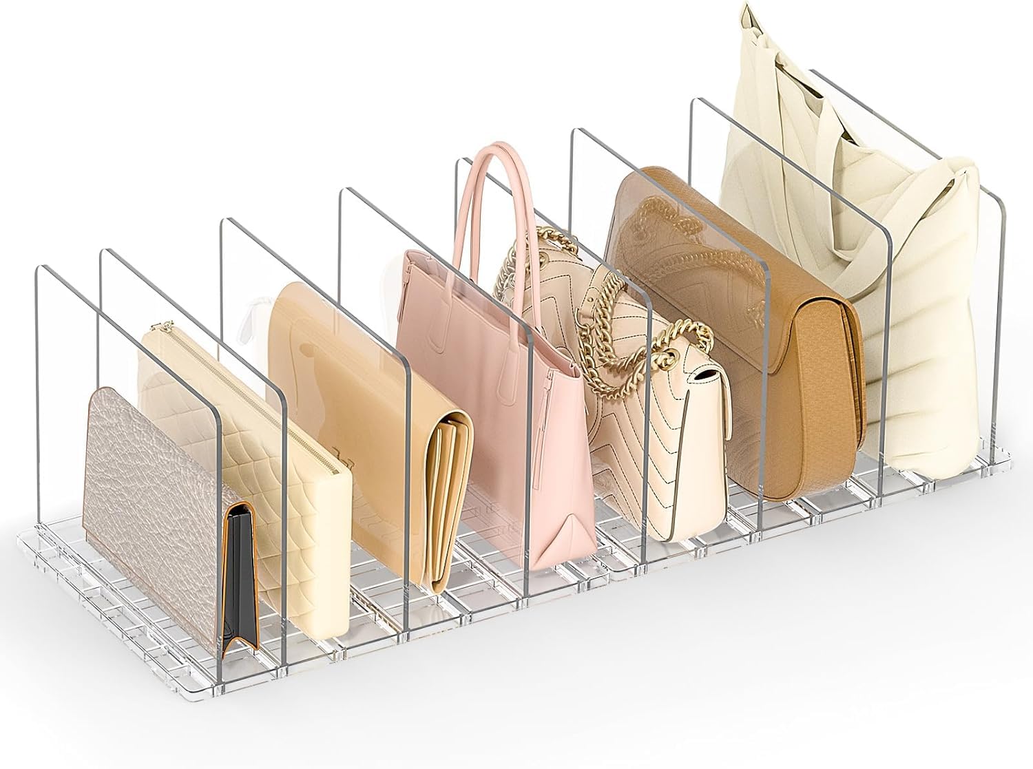 10 Séparateurs de Sacs à Main, Séparateur D'étagère Organisateur Transparent Réglable avec Base à Fentes et Diviseurs Ajustables pour Chambre à Coucher, Chambre et Cuisine