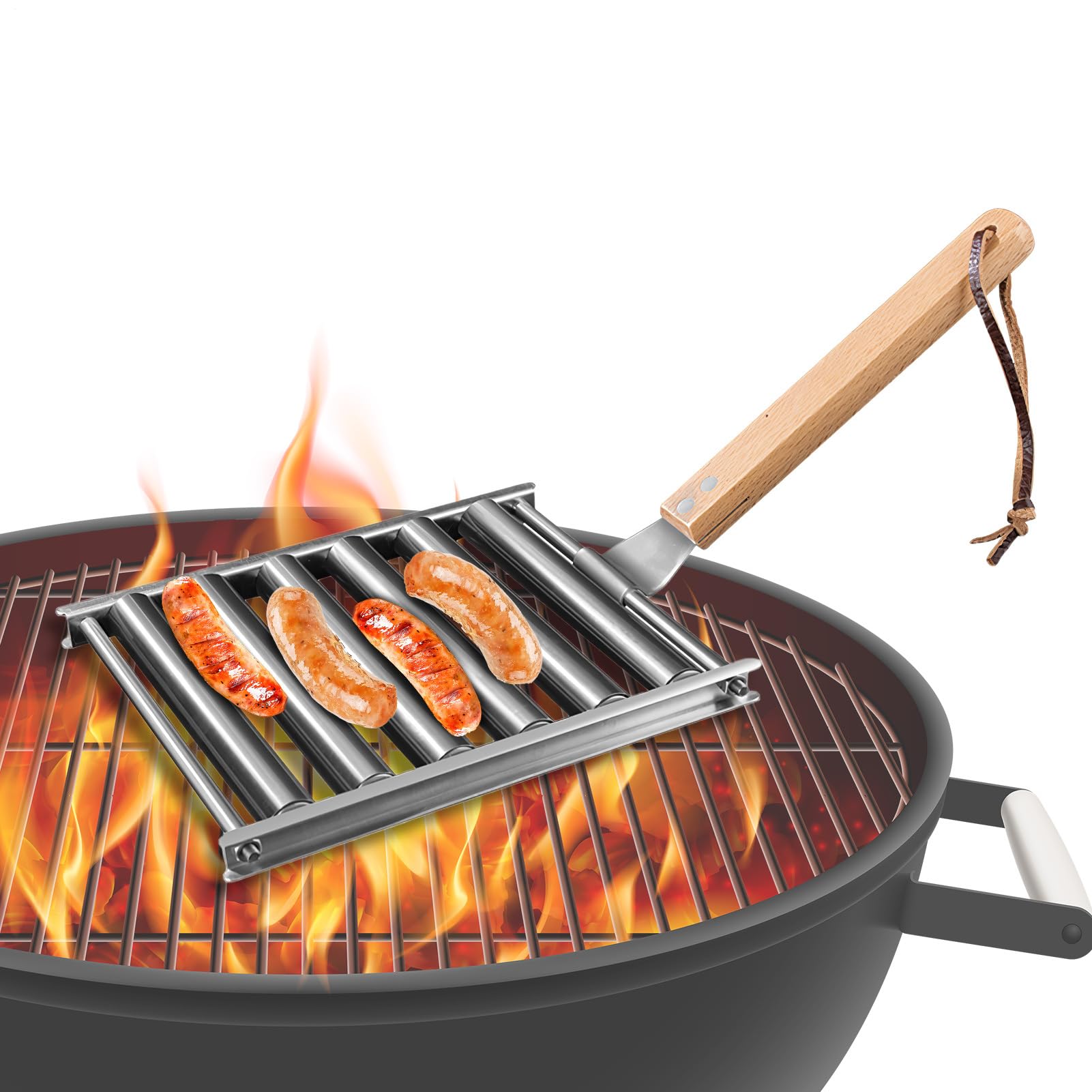 Rodillo asador para salchichas con mango de madera para exterior, picnic y food truck