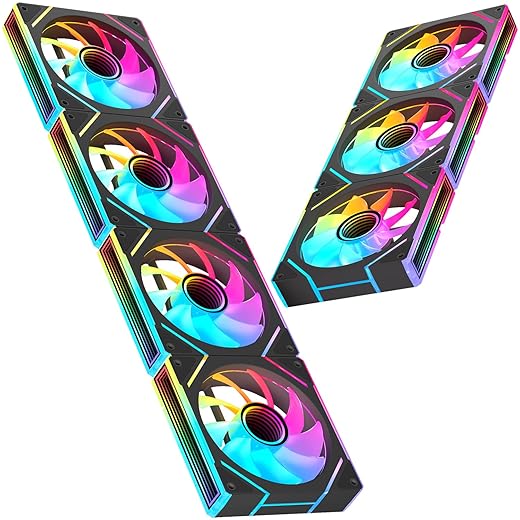 7 Pack ARGB Fans, 4 Forward Fan +3 Reverse Fans， Intelligent Temperature Control (PWM), Fan Speeds Up to 1550 RPM with 28 LED Lights,120 mm RGB Cooling，Black