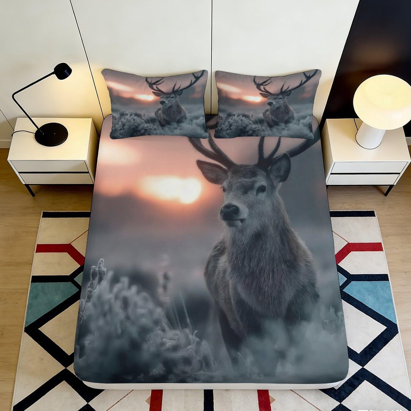 Kzqnxhjprl Style-3 3D Printed Sunset Deer Fitted Sheet Microfiber Soft Breathable Forest Antlers Mattress Cover For Bedroom Decor 90X200x25cm
