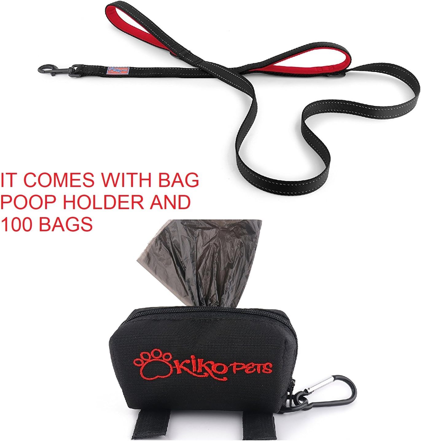 Double Handle Dog Leash with BONUS Dog Poop BAG HOLDER with 100 Bags , 8ft, 6ft, 5 feet Long, made with Neoprene and Padded Handles, traffic Lead and Great Control, made with Heavy Duty materials