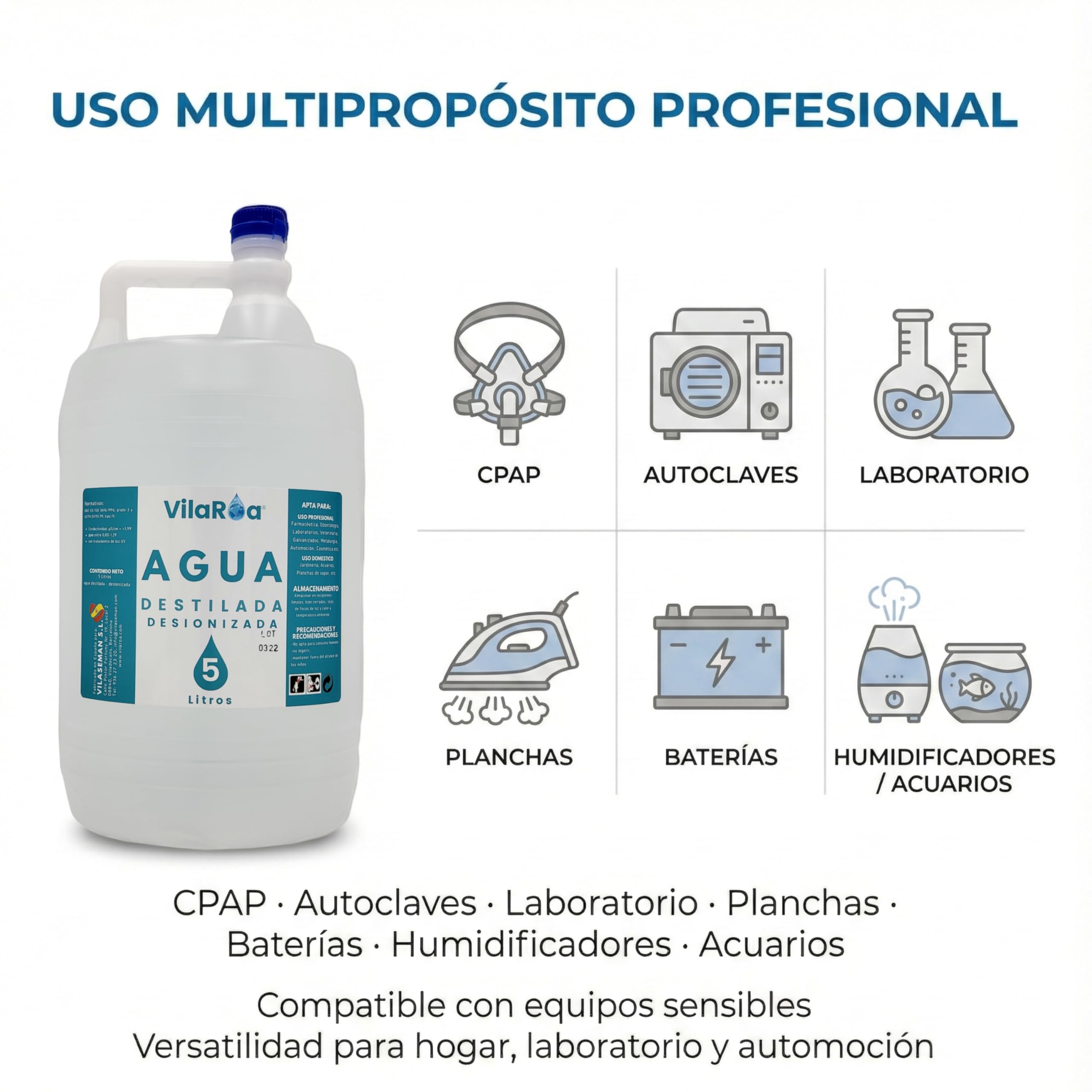 Agua Destilada Desionizada 3 Garrafa de 5 Litros, Agua Desmineralizada Alta Pureza Técnica para CPap, Autoclave, Humidificador, Plancha, Motores, Limpieza, Laboratorio, Plantas, Acuario, Bateria