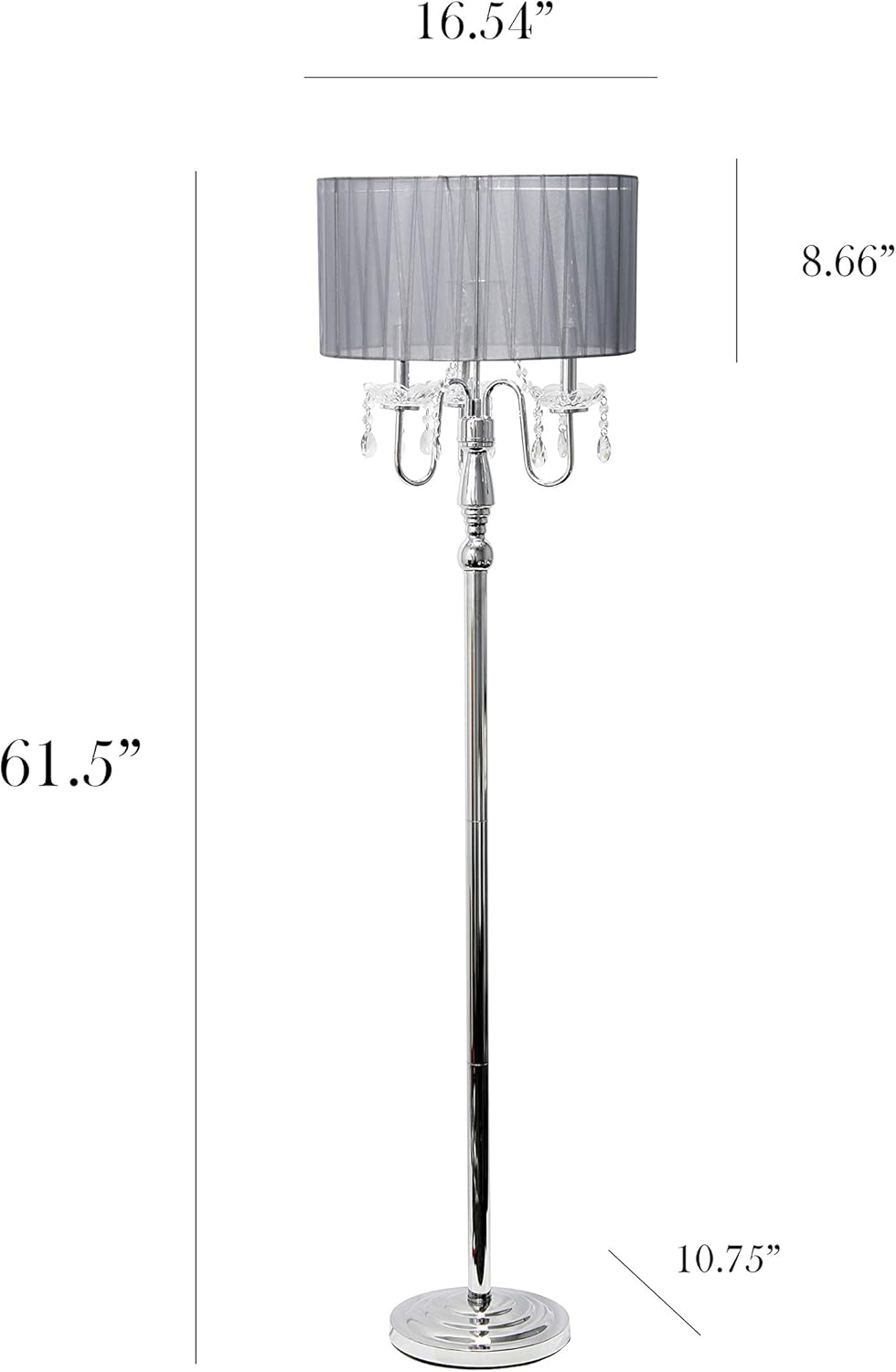 Elegant Designs LF1002-GRY Romantic Cascading Crystal and Chrome Drum Shade Floor Lamp, Gray