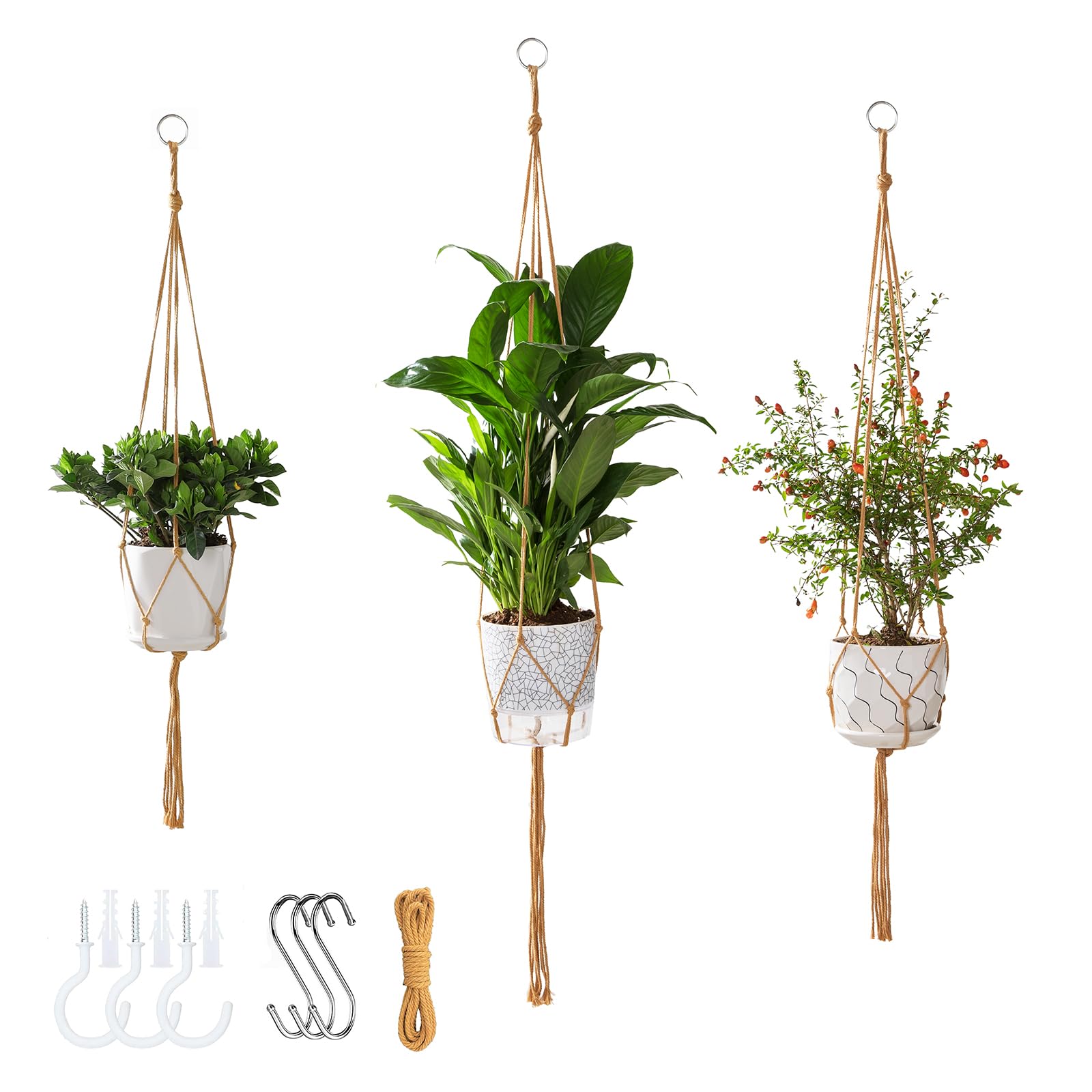Lot de 3 suspensions de plantes d'intérieur en macramé avec rallonges de cordes et 6 crochets, suspension en macramé pour plantes d'intérieur (pots non inclus) (marron)