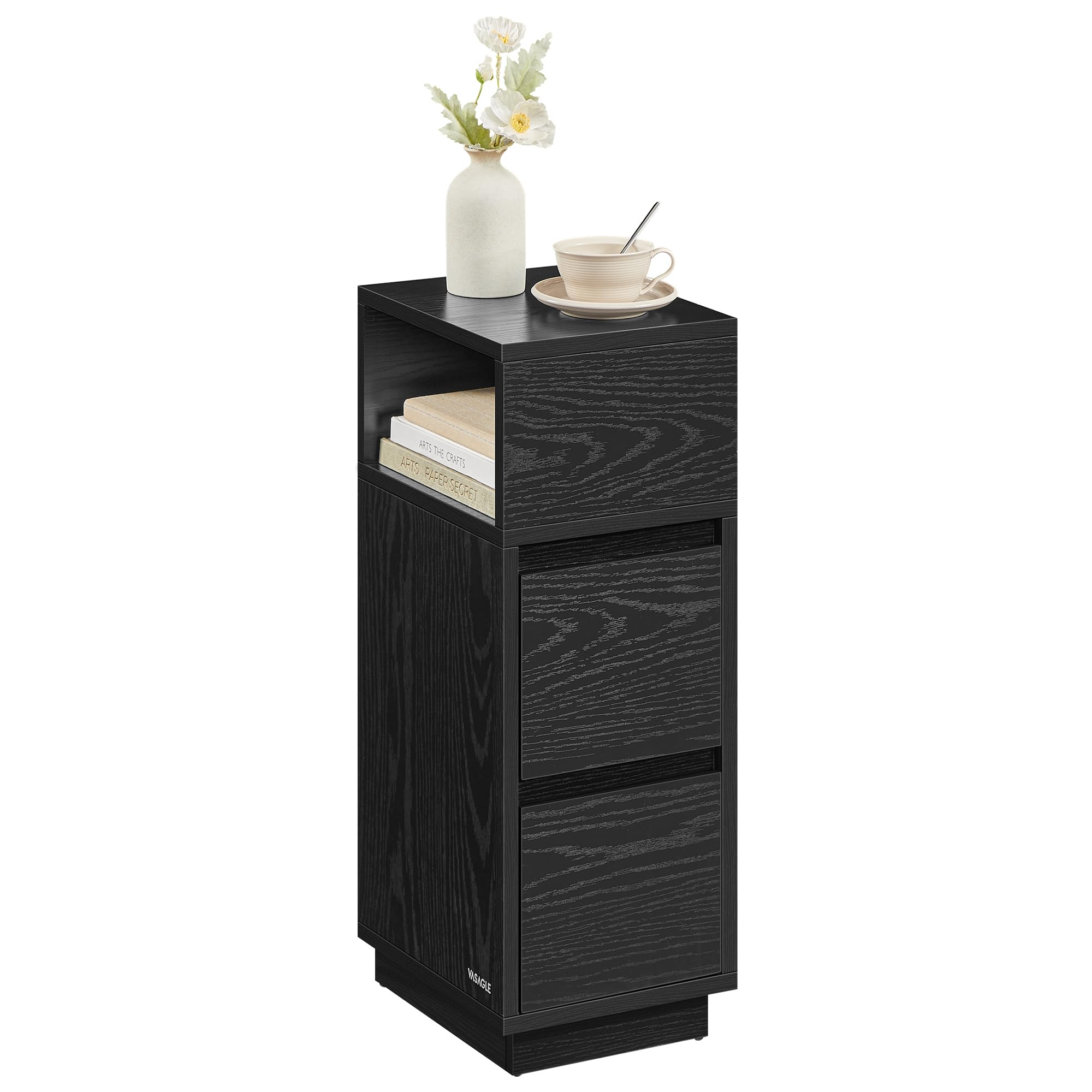 Slim Bedside Table with 2 Drawers, Ebony Black / 2