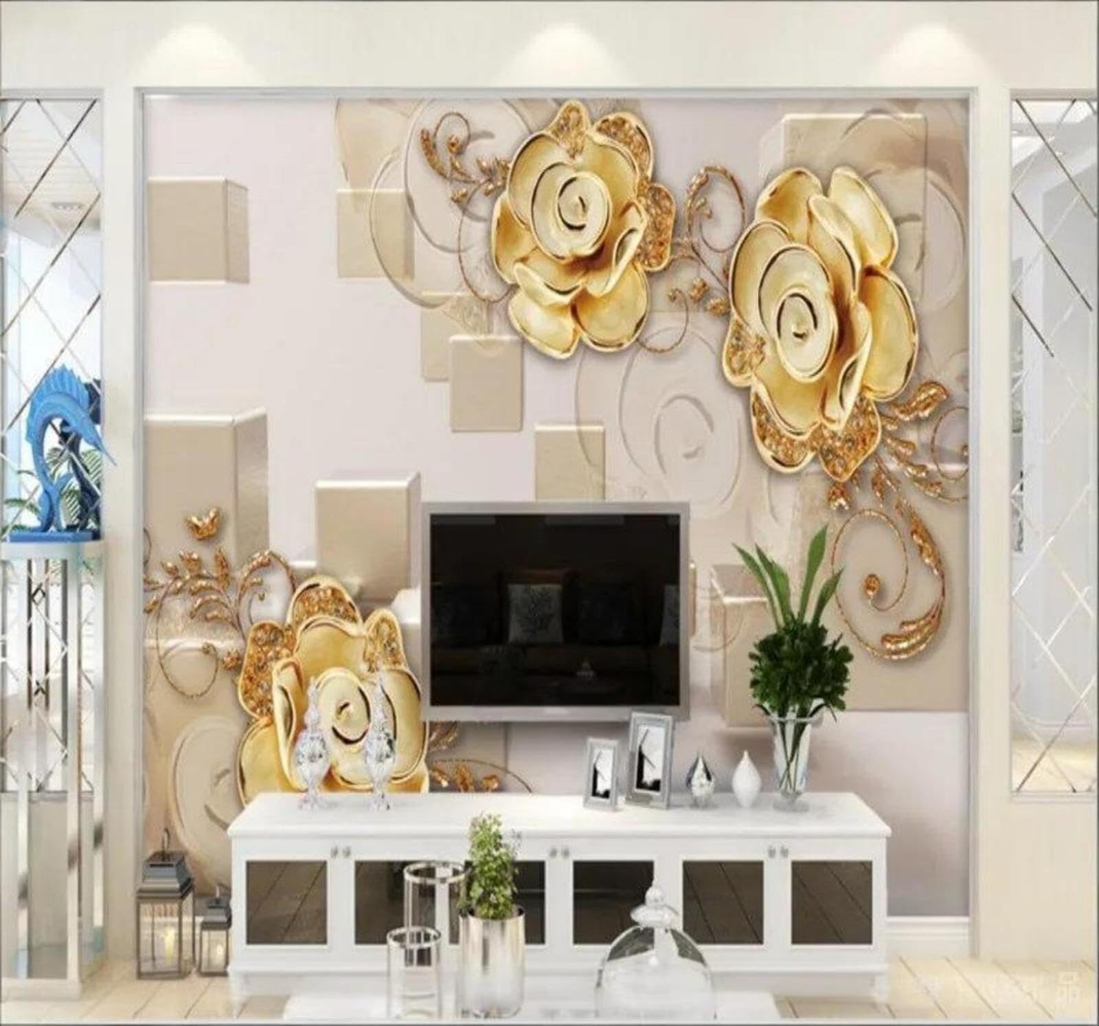 Wallpaper-3D-Xlm 350Cm×256Cm(B×H) Three Dimensional Luxury Gold Flowers Geometric 3D Wallpaper Easy Install Feature Office Living Room Sofa Bedroom Tv Background Wall Decoration-350Cm×256Cm
