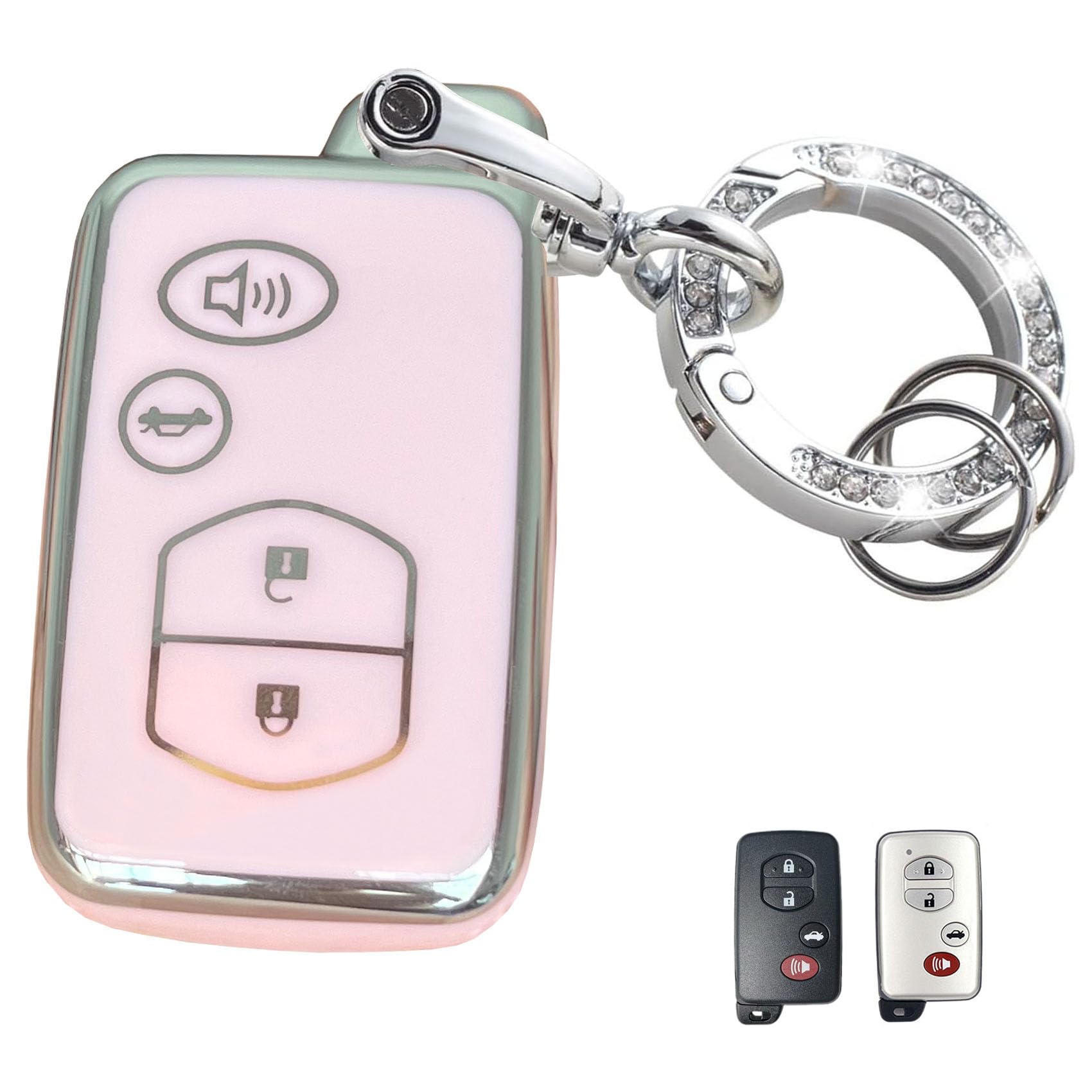 for Toyota Camry Avalon Corolla Highlander Prius RAV4 Venza Key Fob Cover Keyless Entry Systems Key Shell with Keychain (4 Buttons Pink-Silver)