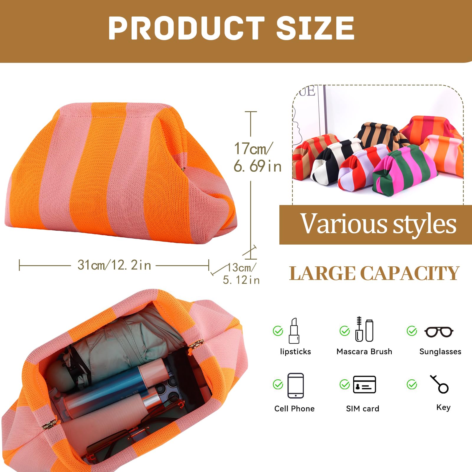 Sommer Strand Clutch Damen, Gestreift Clutch Handtasche Gewebte Dumpling Bag Clutche Geldbörsen Kosmetiktasche für Sommerstrände, Shopping, Reisen