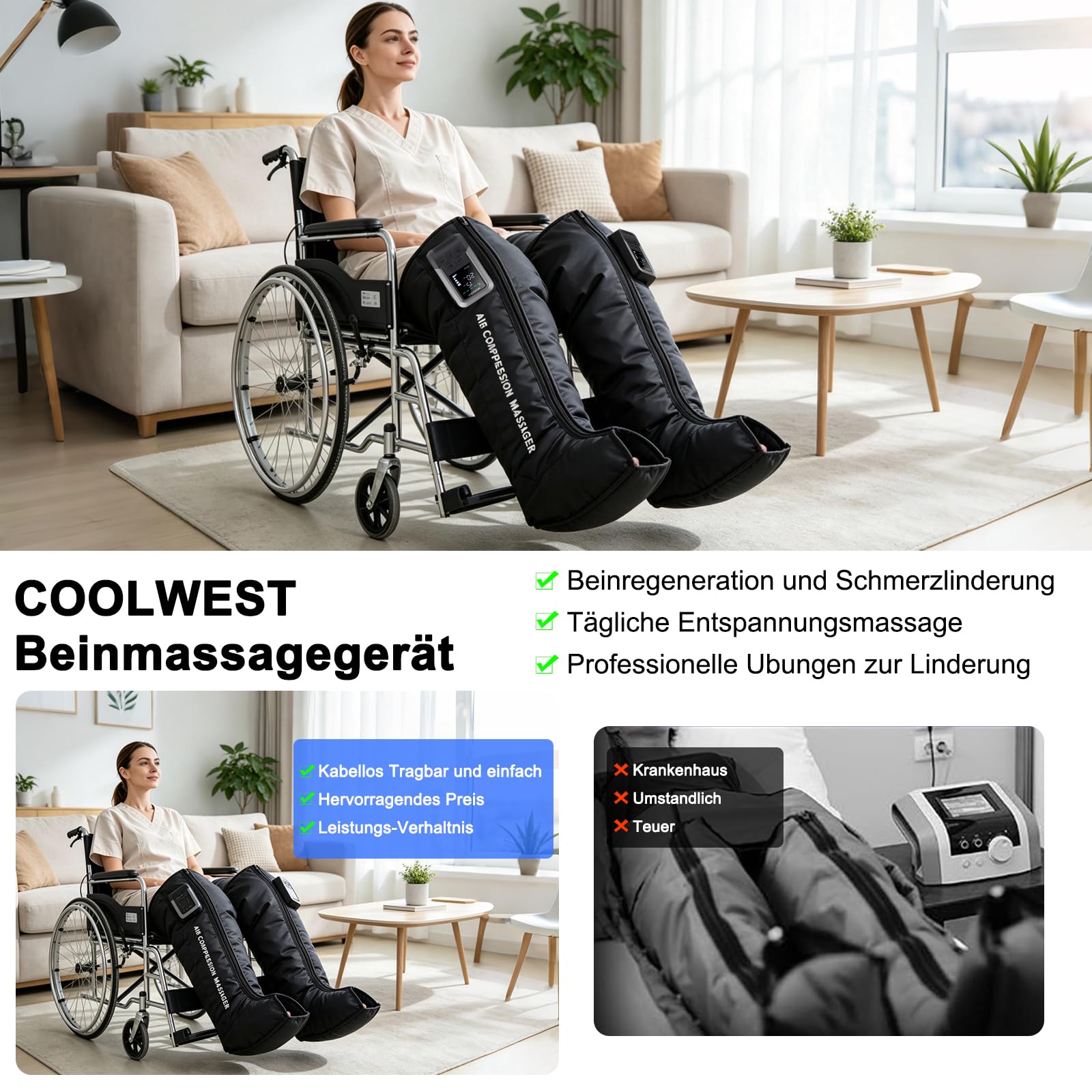 COOLWEST Beinmassagerät Luftkompression, Durchblutung Schmerz Waden (XL)