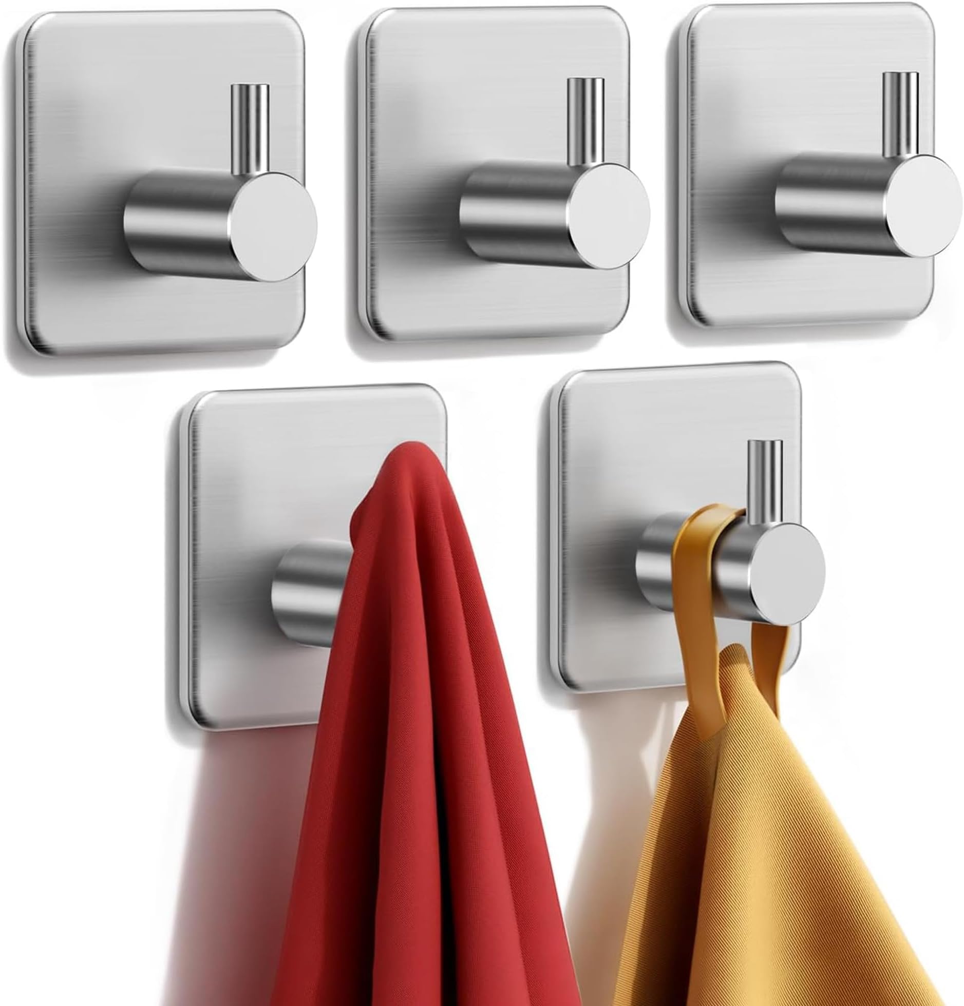 Silver Hooks for Hanging Heavy Duty, Adhesive Hooks for Shower, Bathroom, Kitchen, Robe, Towel, Coat, Waterproof & Rustproof Hook for Walls No Damage, Sticky Wall Towel Hooks - 5 Pack