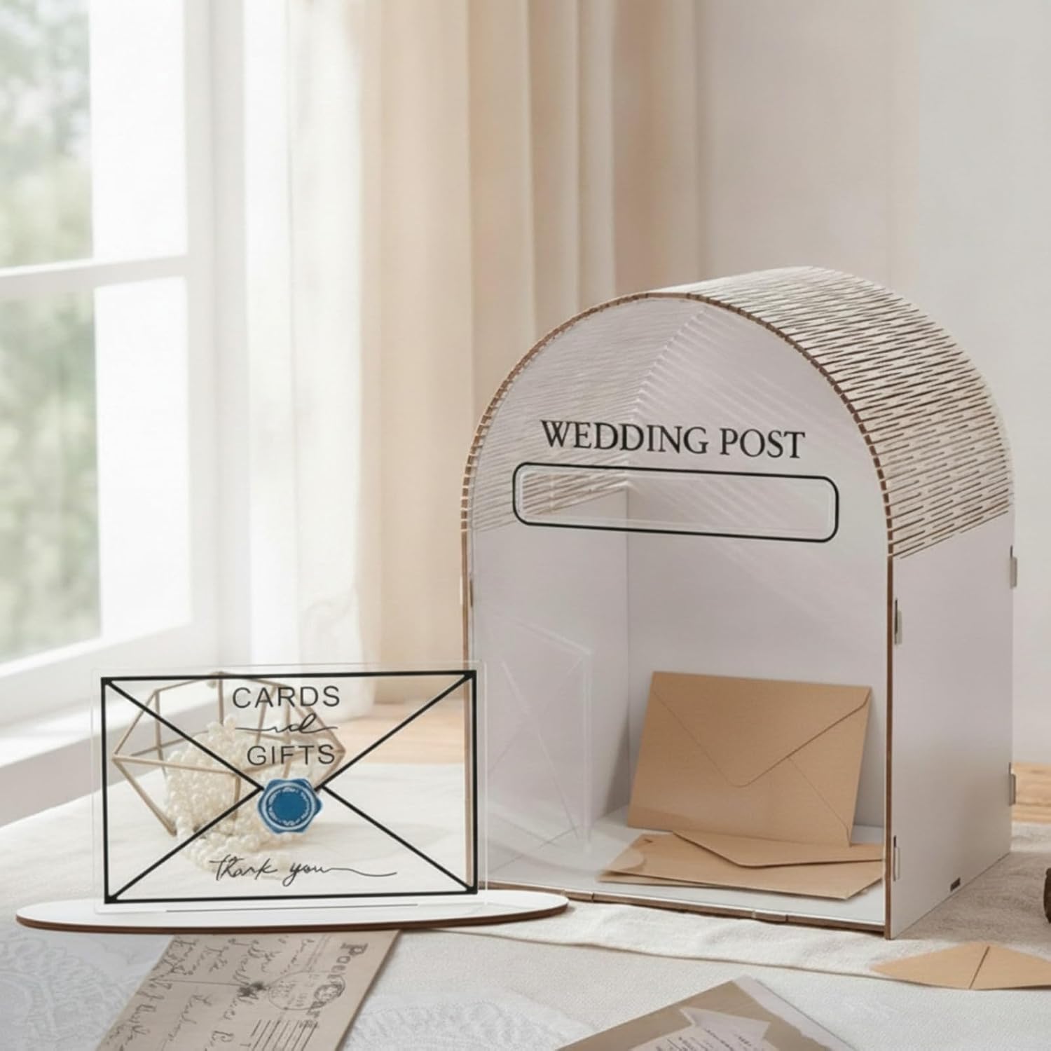 2 Pcs Wooden Wedding Card Box & Acrylic Envelope Ornament Acrylic Card Box for Wedding Reception with Slot & Envelope Decoration for Reception Bridal Graduation Birthday Baby Shower