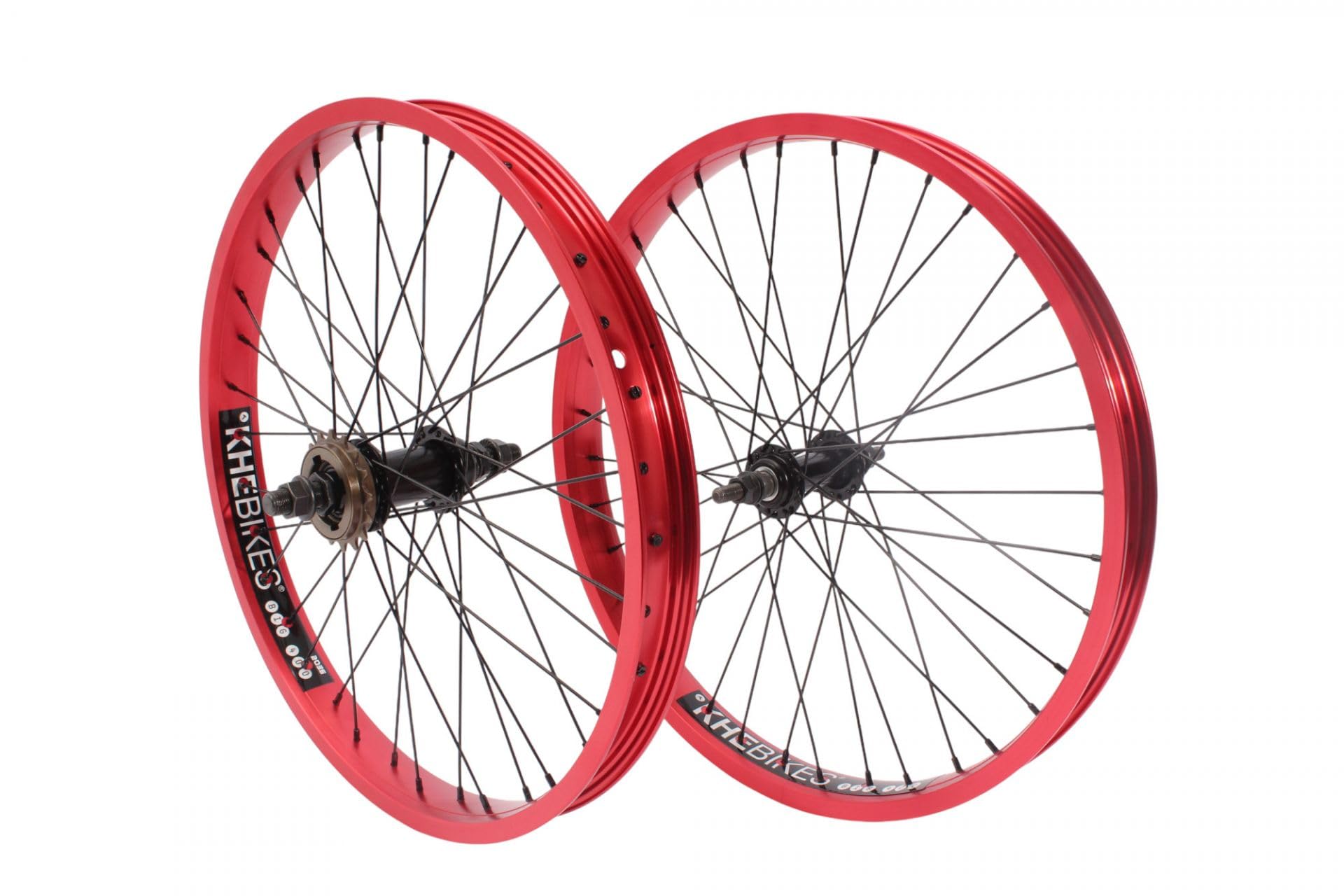 KHE Prism BMX 20 cali zestaw kółek, szerokość 38 mm, aluminium 7005, czerwone anodowane, z zębatką 16T