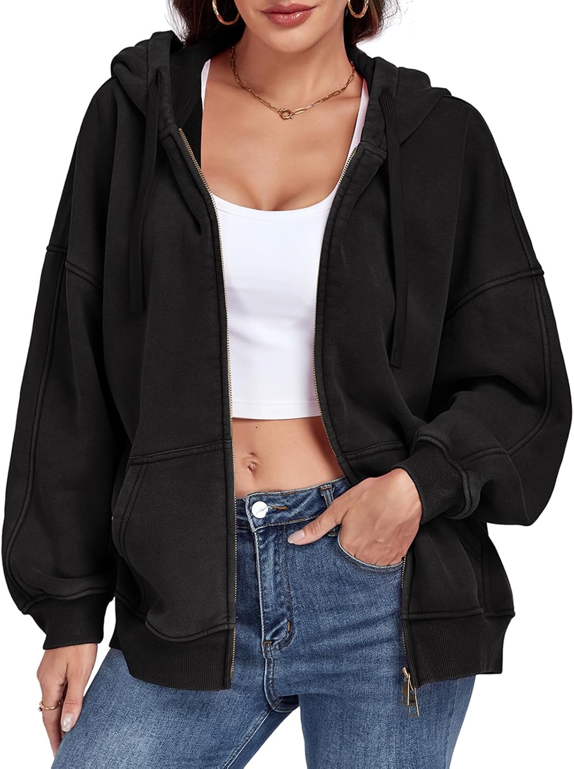 WOWULOVELY Womens and Mens Zip Up Hoodies Acid Wash Long Sleeve Oversized Sweatshirts Distressed Fleece Jacket with Pockets - Image 5