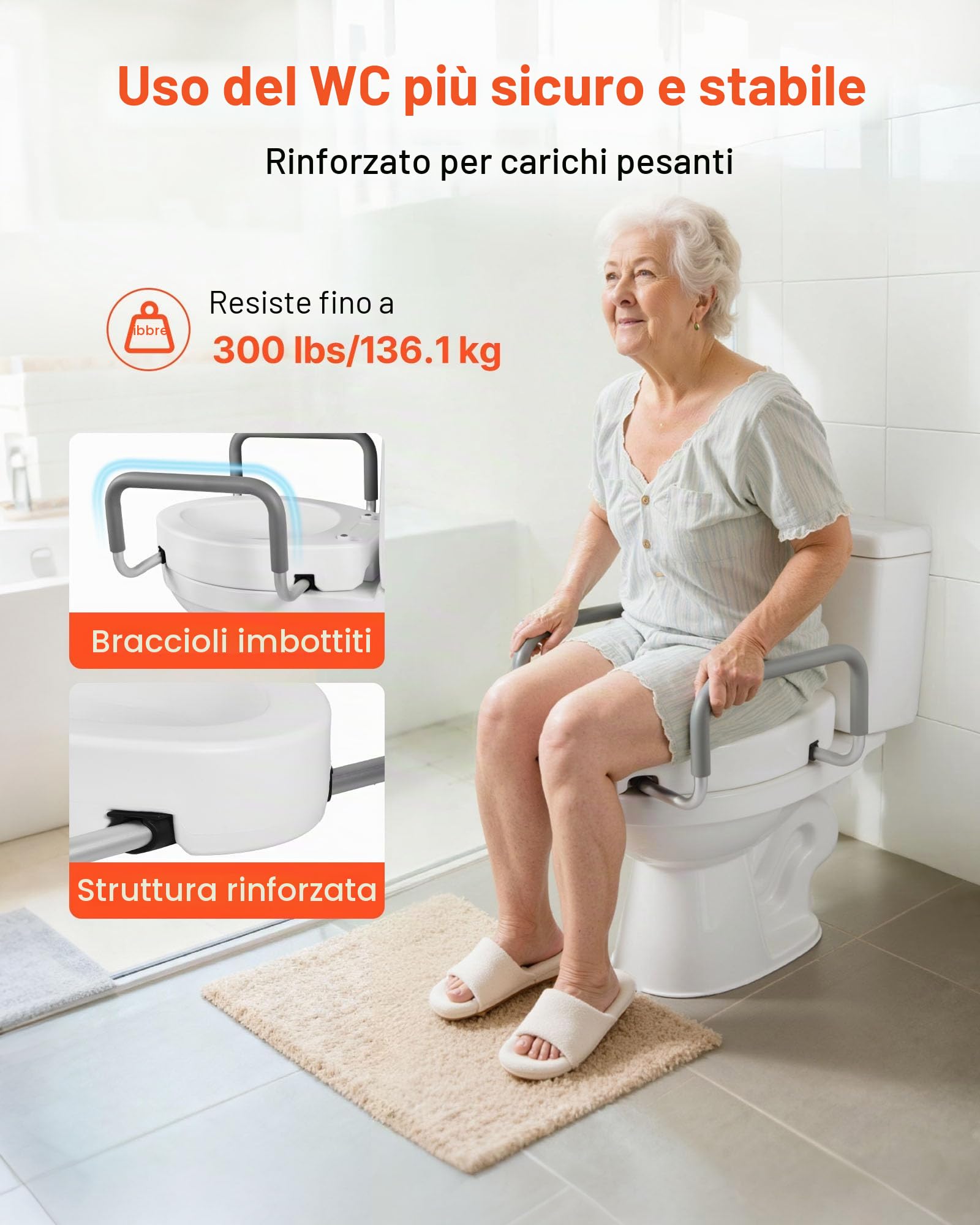 VEVOR Sedile WC Rialzato da Bagno con Capacità di Carico di 136 kg e Altezza di Sollevamento di 88,9 mm, Sedile WC Rialzato e Allargato Universale con Braccioli per Anziani, Disabili, Adulti