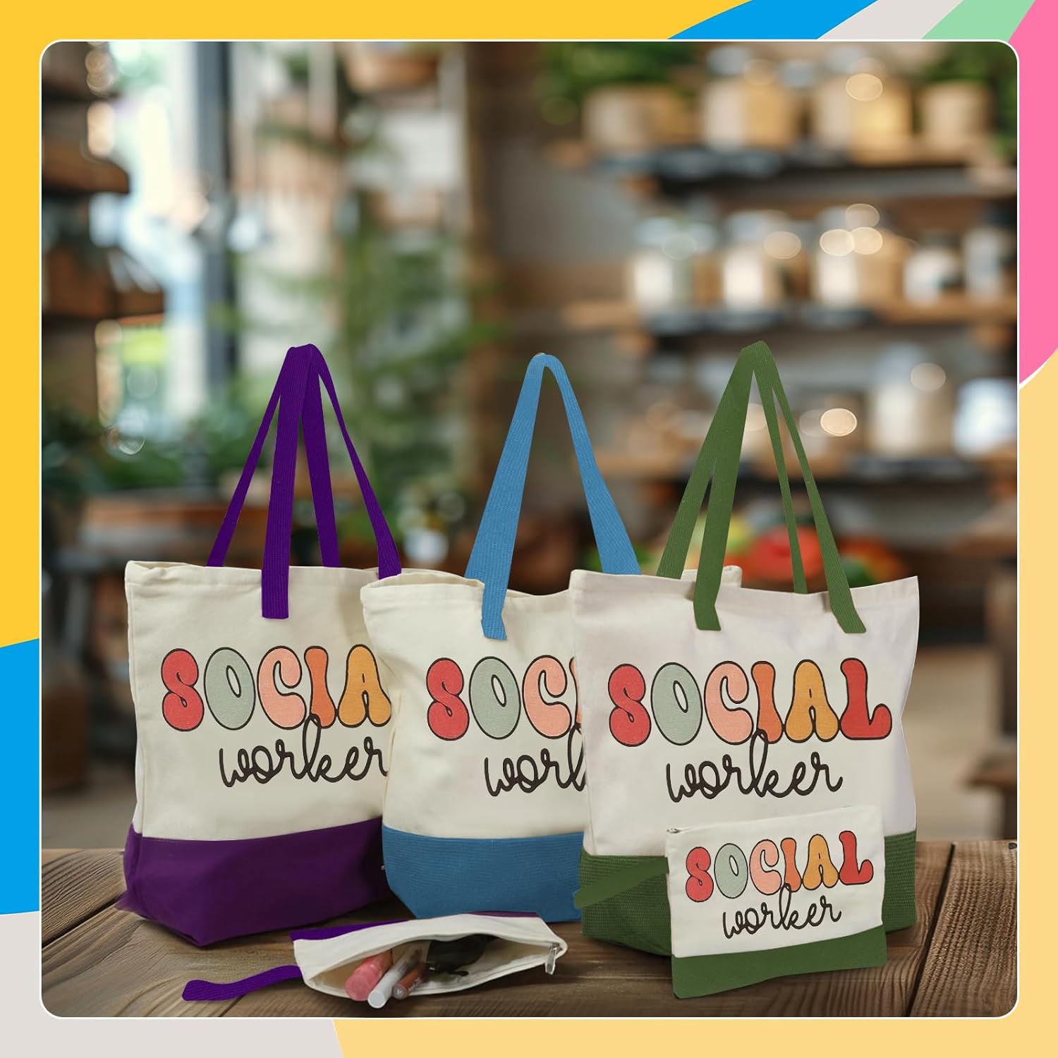 12 Pcs Social Worker Tote Bag Gift for Women Include 6 Cosmetic Bags 6 Canvas Bags Social Worker Appreciation Gifts Set for Women Retirement Volunteer Graduation Birthday Holiday Bag Gift Bulk